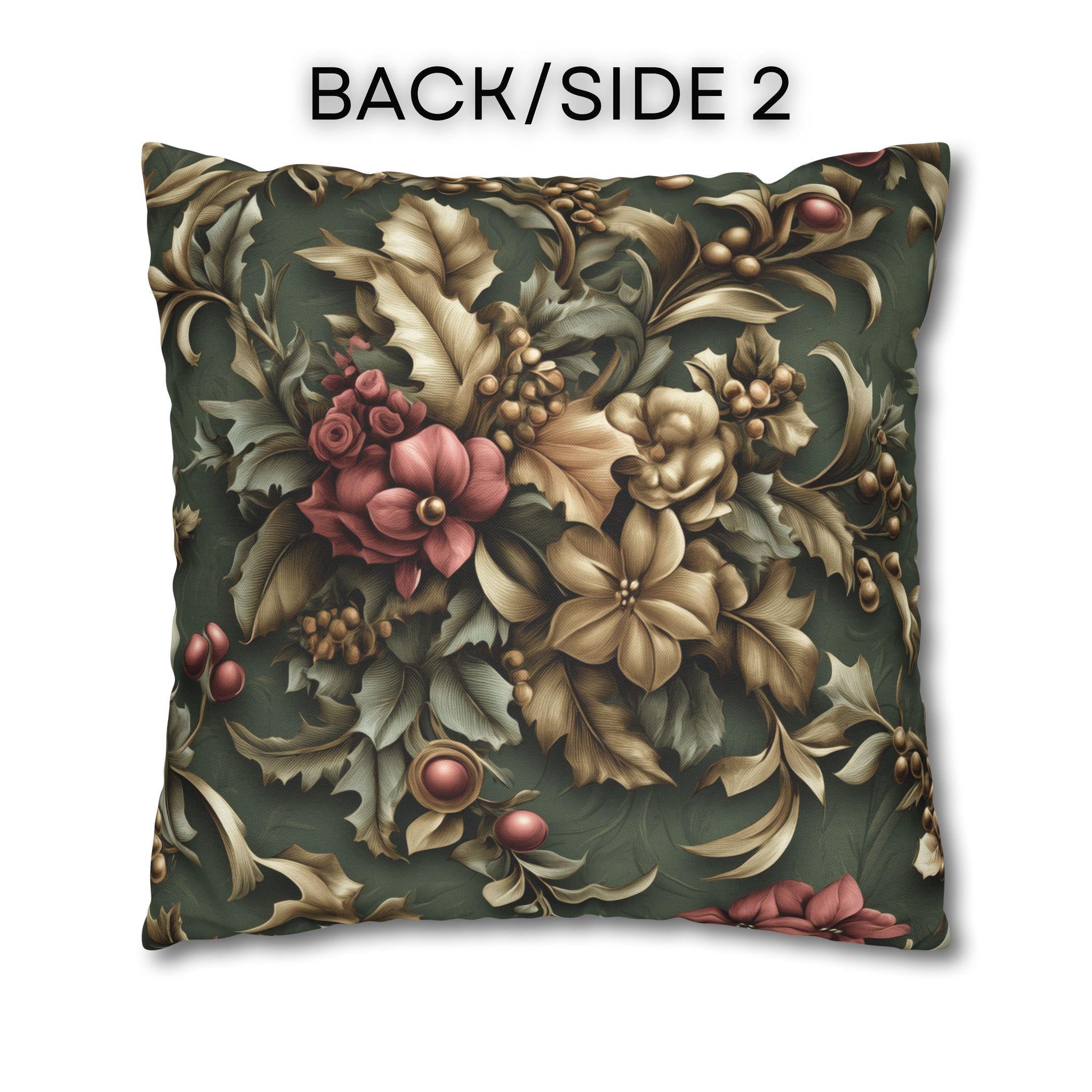 William Morris Inspired Holly & Poinsettia Christmas Pillow Cover: Pine, Gold, Cranberry