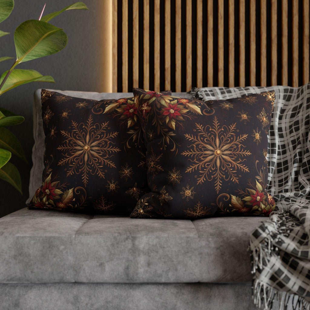 Luxurious Snowflake Poinsettia Pillowcase, Burgundy & Gold Christmas Winter Decor, Elegant Holiday Pillow Cover