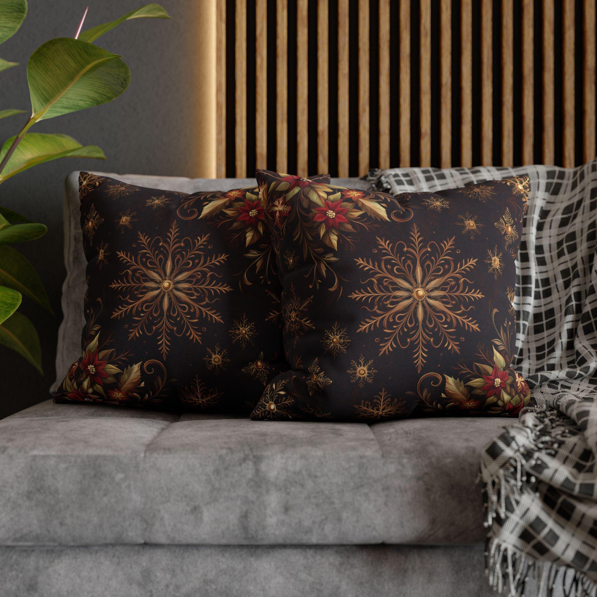 Luxurious Snowflake Poinsettia Pillowcase, Burgundy & Gold Christmas Winter Decor, Elegant Holiday Pillow Cover