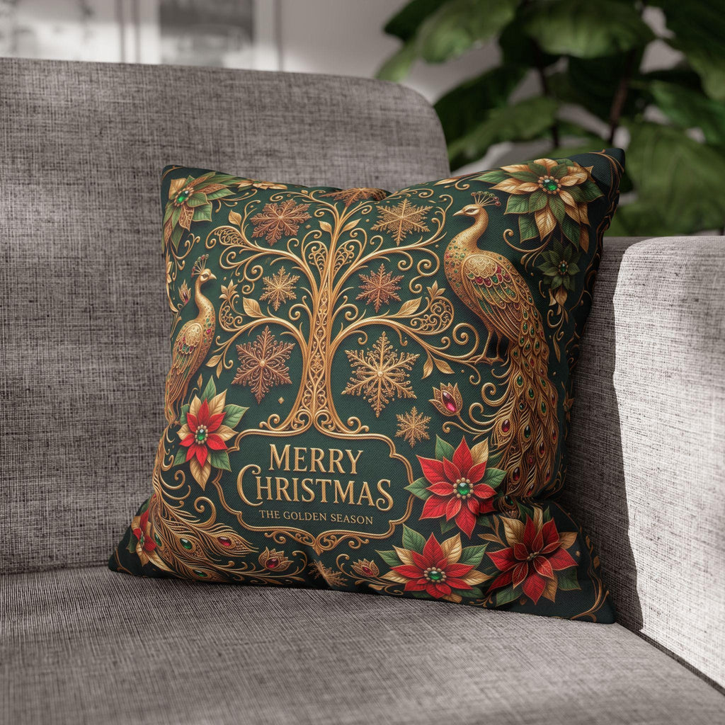 Emerald Green Peacock Christmas Pillow Cover: Gold Poinsettia, Maximalist Holiday