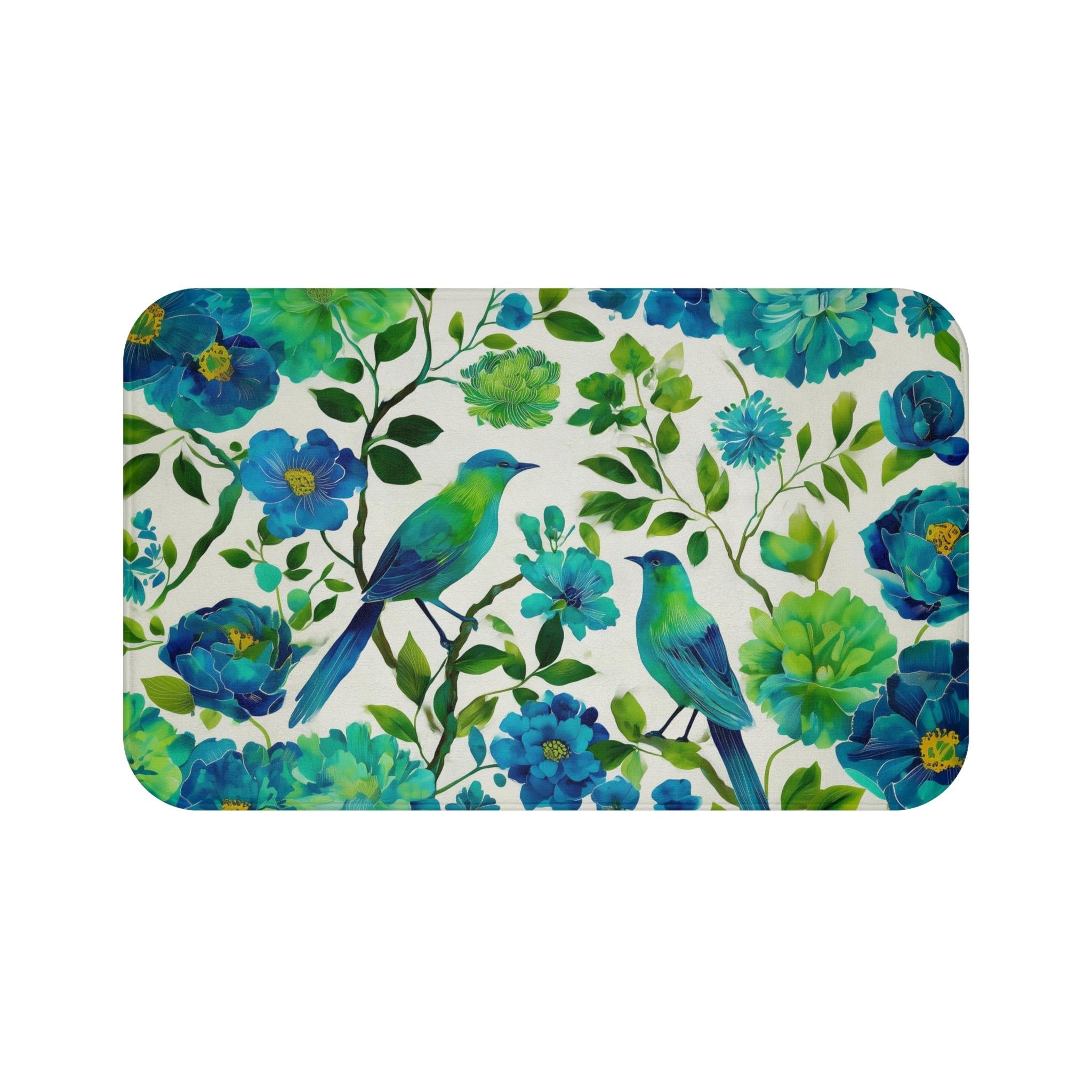 Elegant Chinoiserie Bath Mat: Blue-Green Bird & Floral Design for Stylish Bathroom Accent