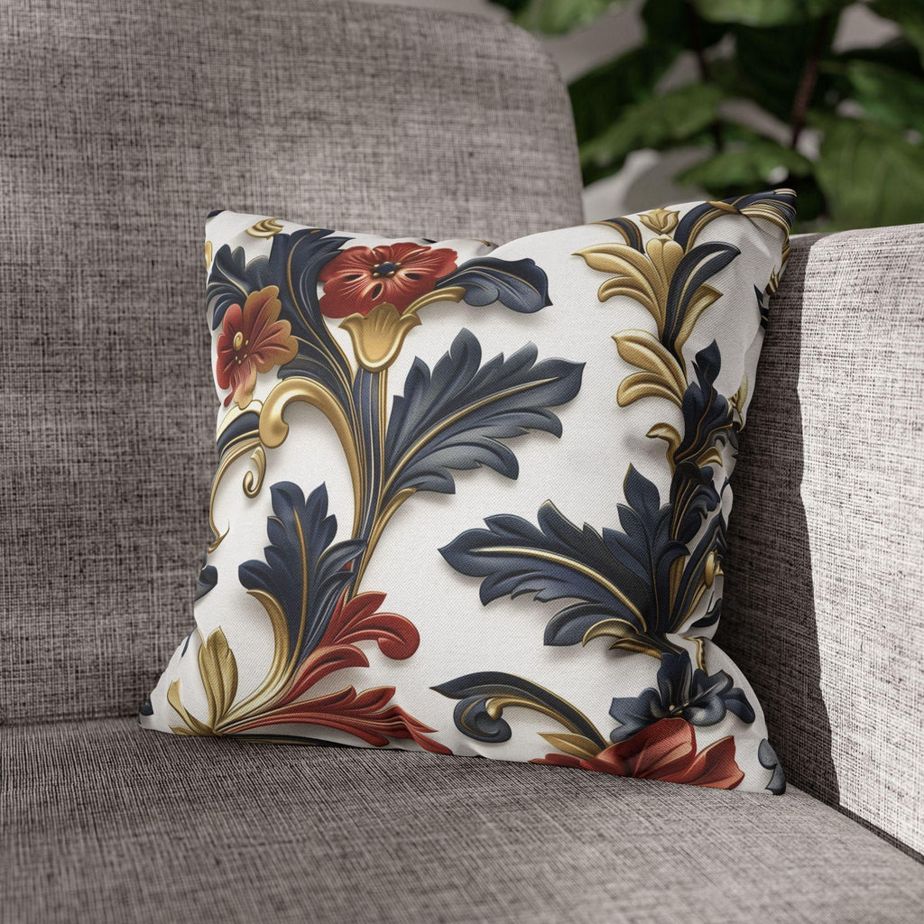 Luxurious Baroque-Inspired Floral Pillow Cover: Navy, Gold, Red on White Background