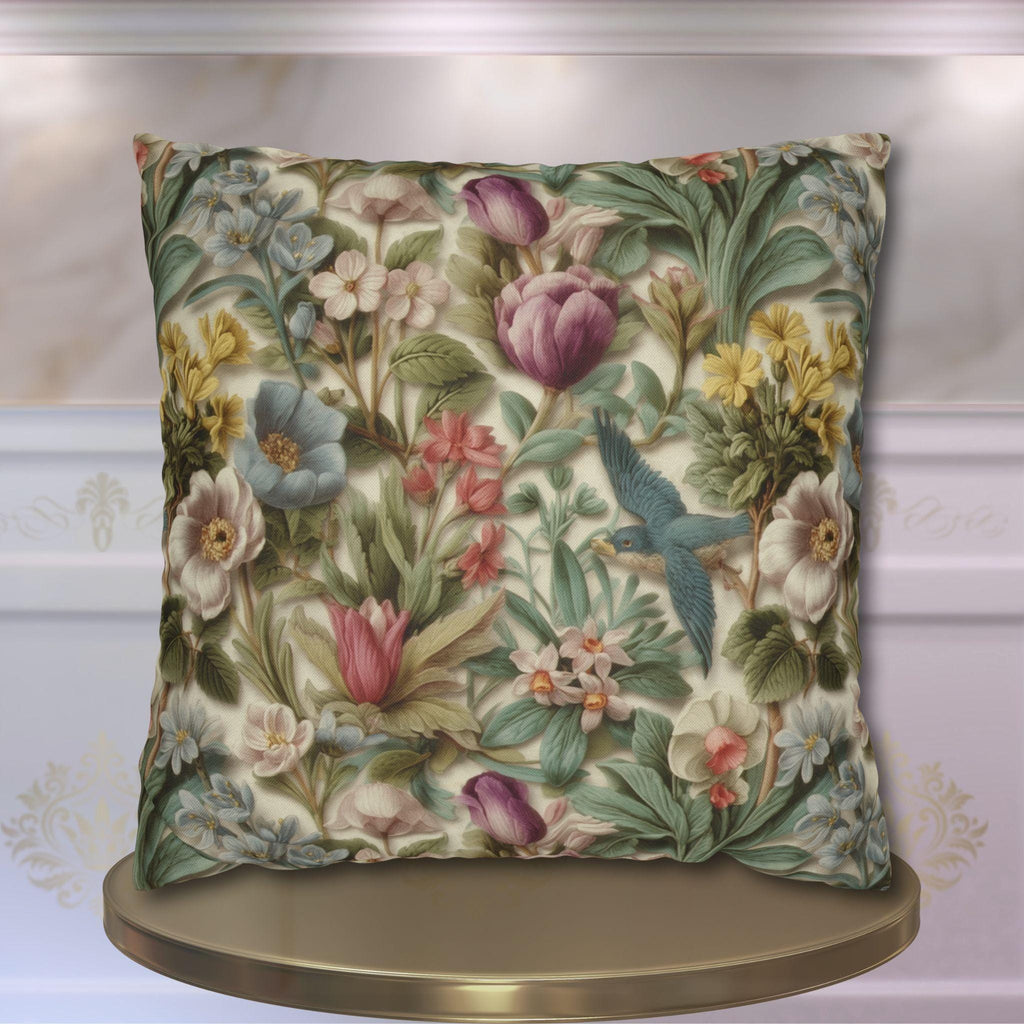 Stylized Botanical Pillow Cover: Floral & Songbird Garden in Soft Pastels