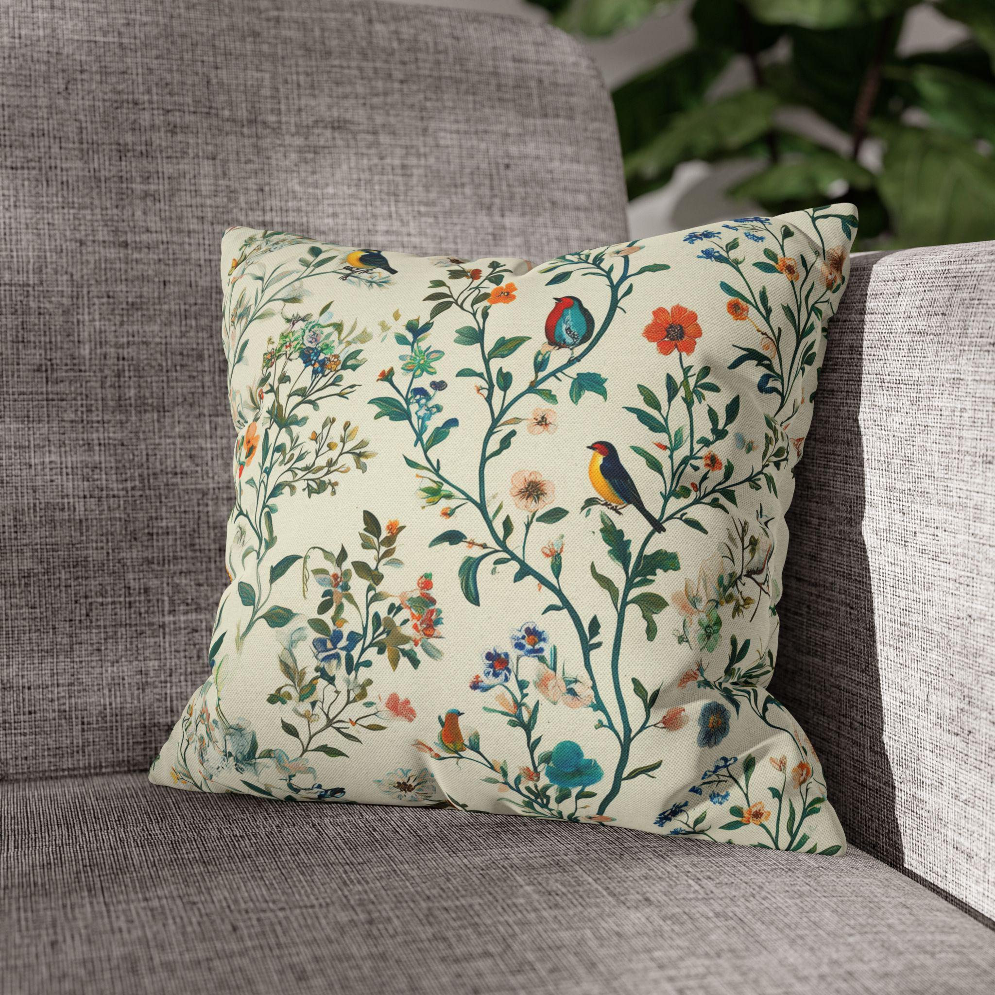 Vintage Chinoiserie Bird Pillow Cover: Cream Floral Botanical Cushion