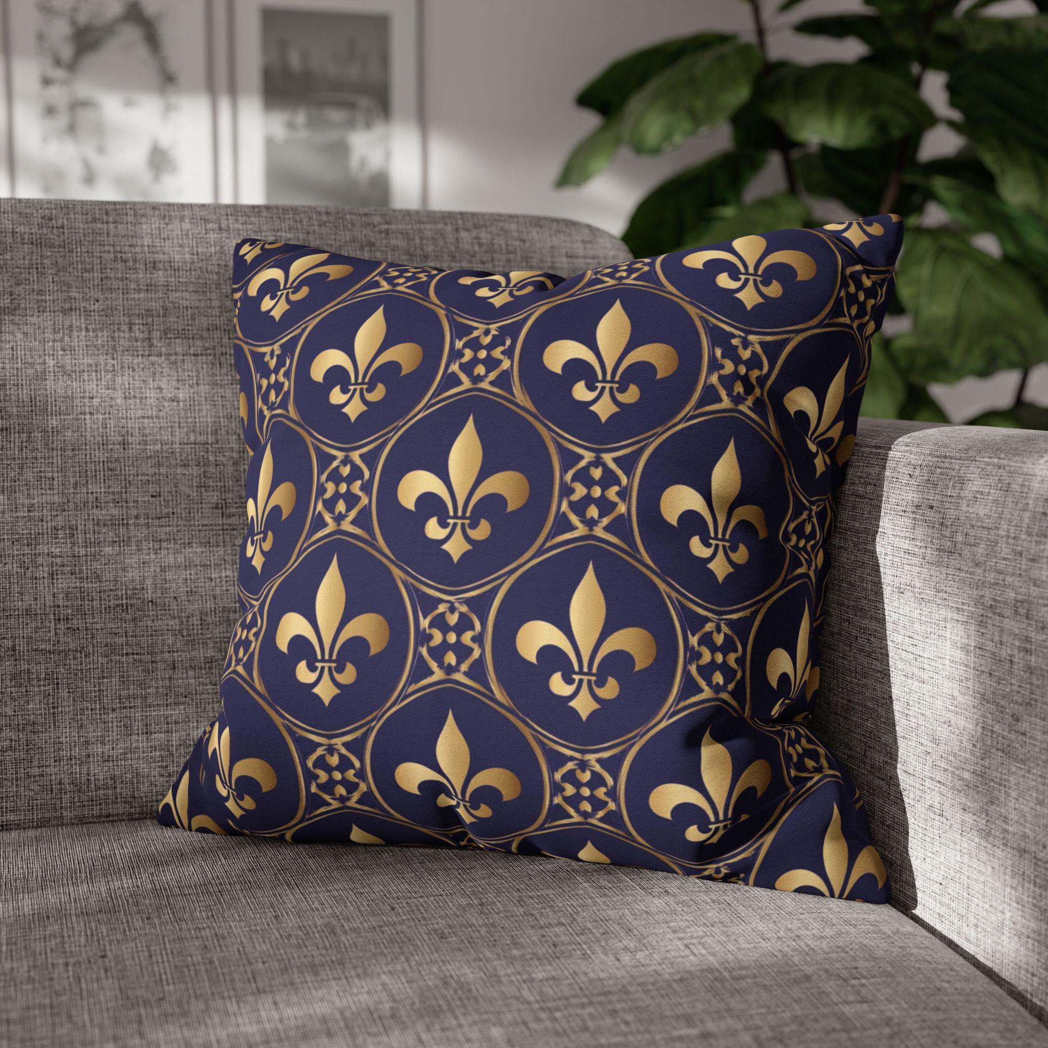 Blue Fleur de Lys Pillow Cover: Royal Gold French Heraldic Pattern