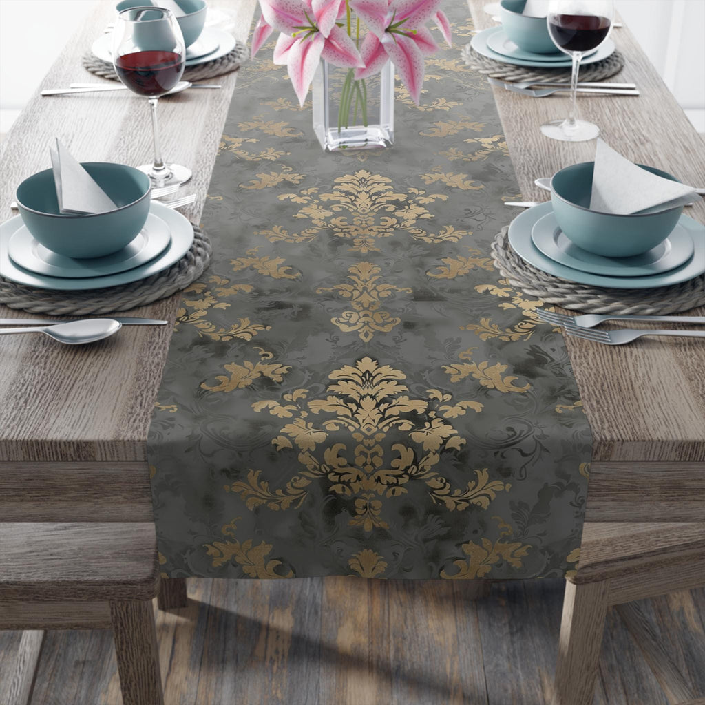 Elegant Damask Table Runner: Muted Gold Floral on Grey for Sophisticated Dining Room Decor