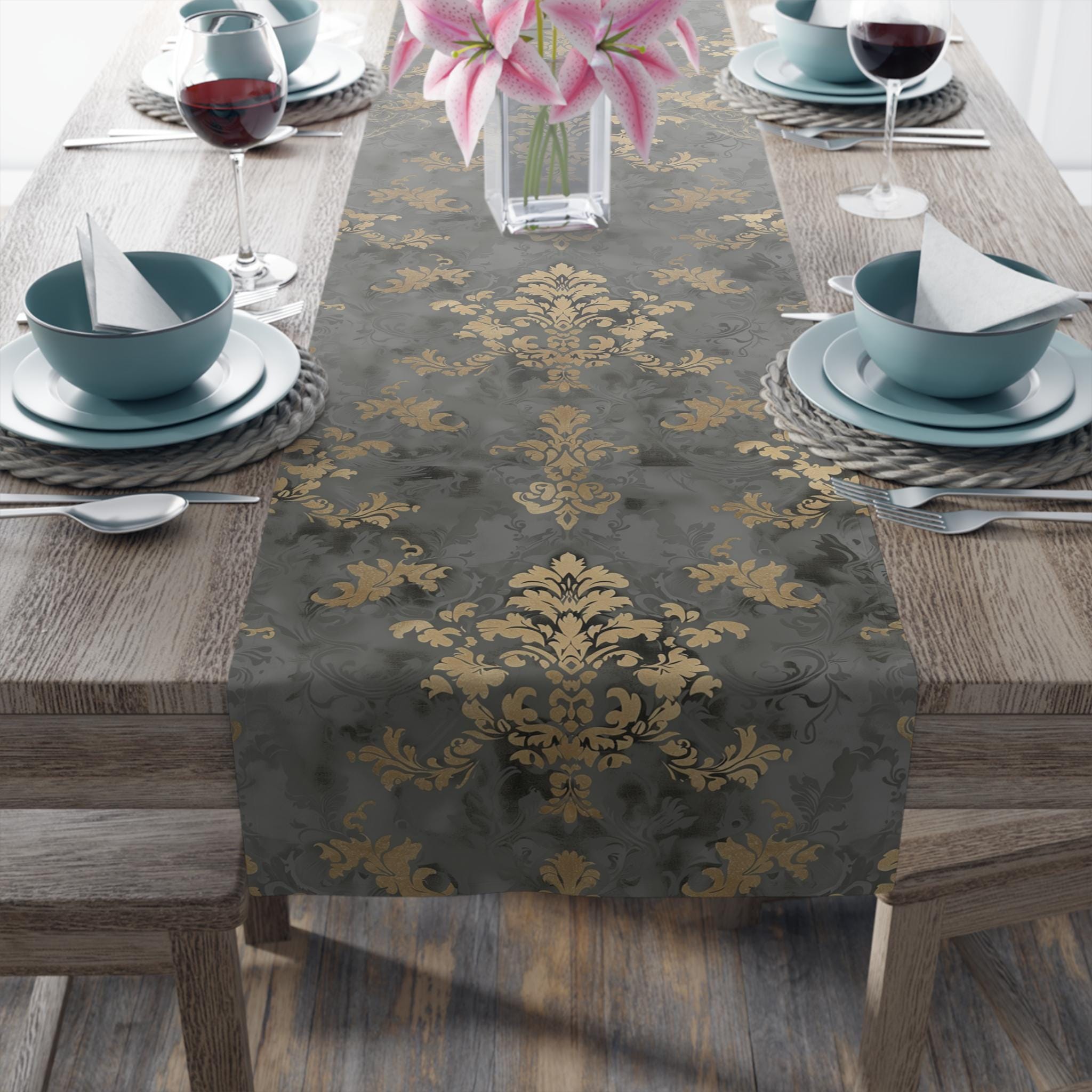 Elegant Damask Table Runner: Muted Gold Floral on Grey for Sophisticated Dining Room Decor