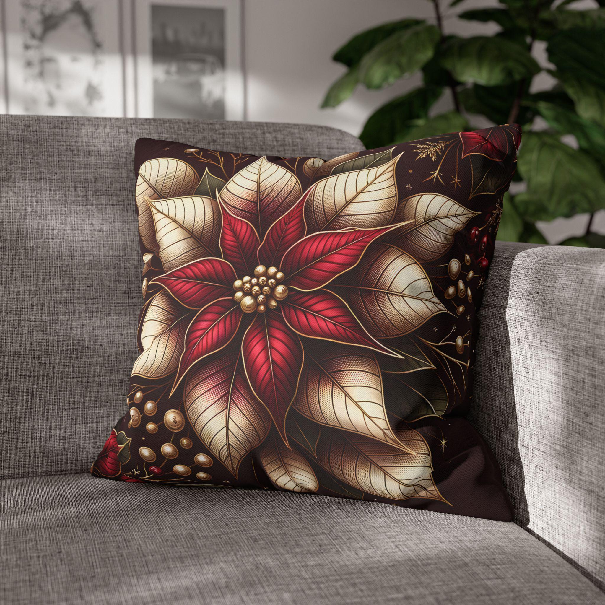 Luxurious Burgundy Poinsettia & Mistletoe Christmas Pillow Cover: Elegant Holiday Decor for Sofa