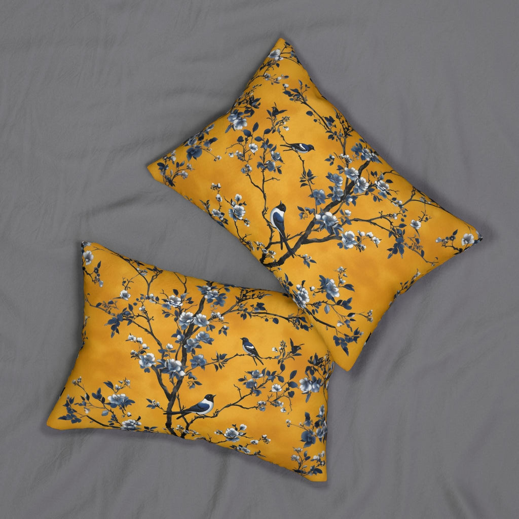 Elegant Chinoiserie Bird Lumbar Pillow: Golden Yellow & Blue Floral Cushion for Eclectic Decor