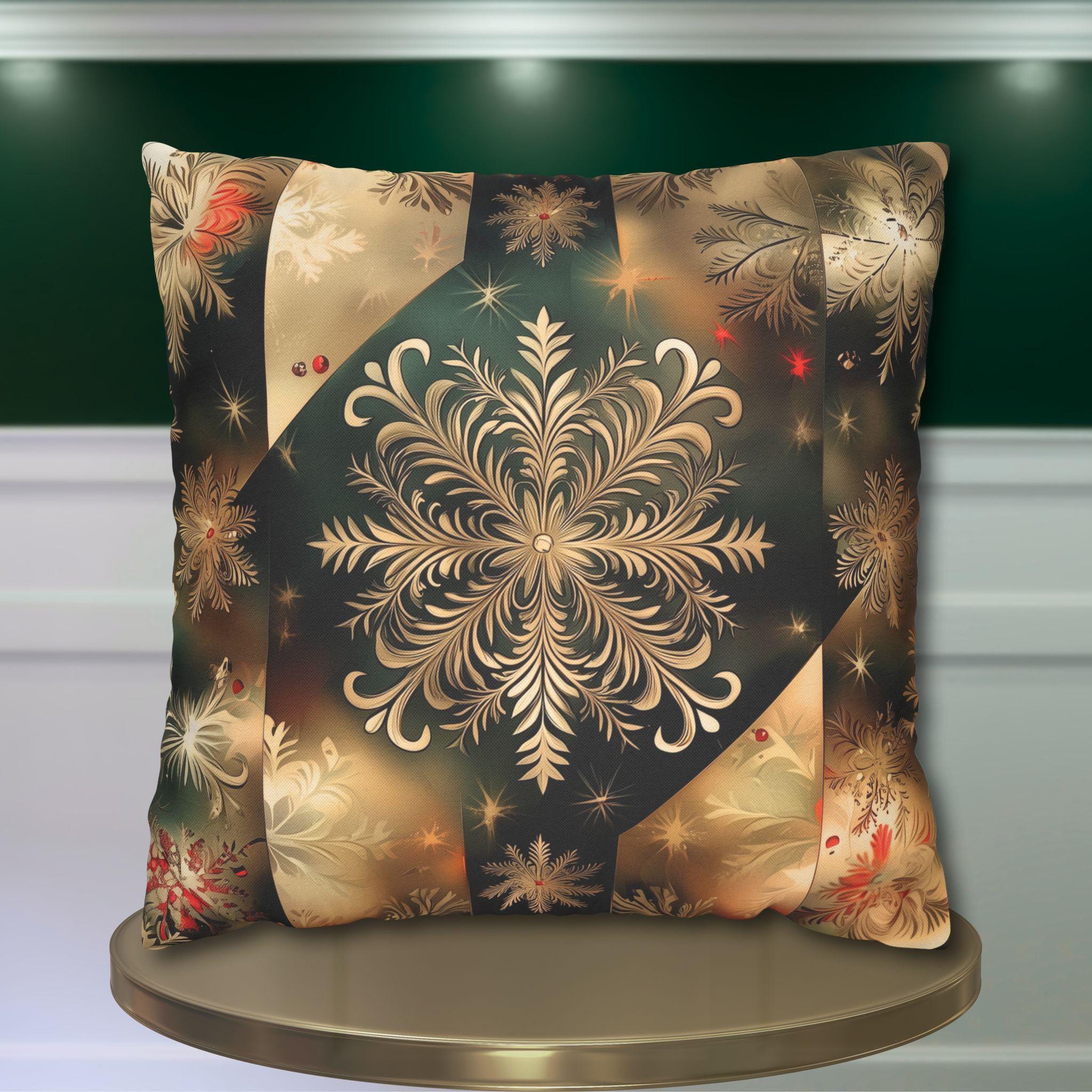 Christmas Snowflake Pillow Cover, Elegant Green and Gold Pillowcase, Luxury Home Accent