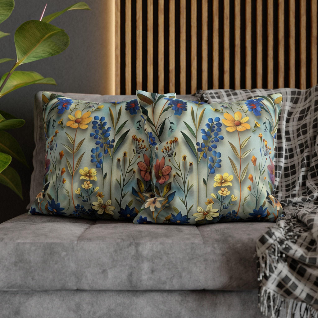 Floral Garden Pillow Cover: Rich Blue Yellow Pink Flowers