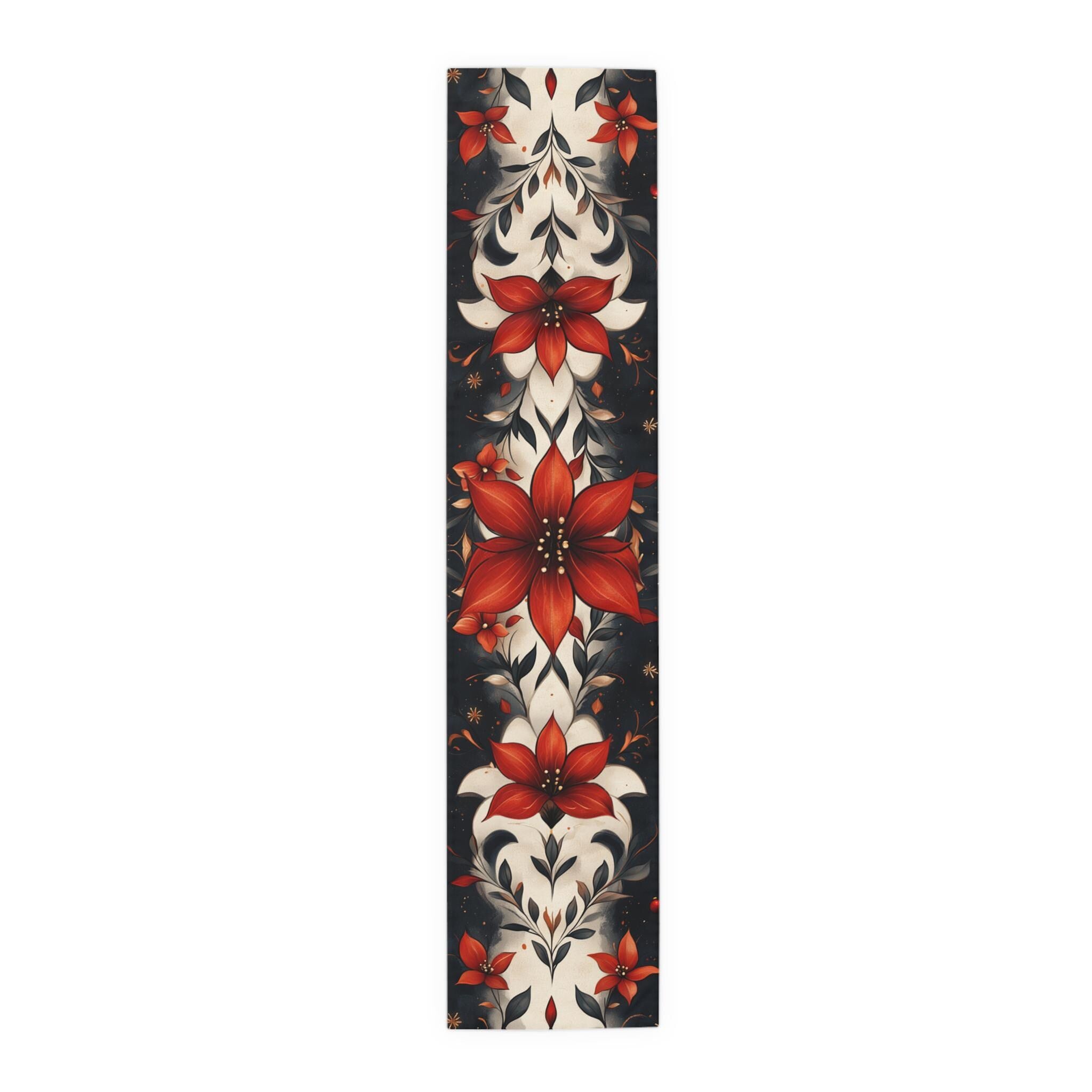 Fleur de Lis Poinsettia Table Runner: Festive Red & Navy Winter Decor
