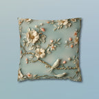 Chinoiserie Pillow Cover: 3D Birds & Blooms, Pastel Blue Accent