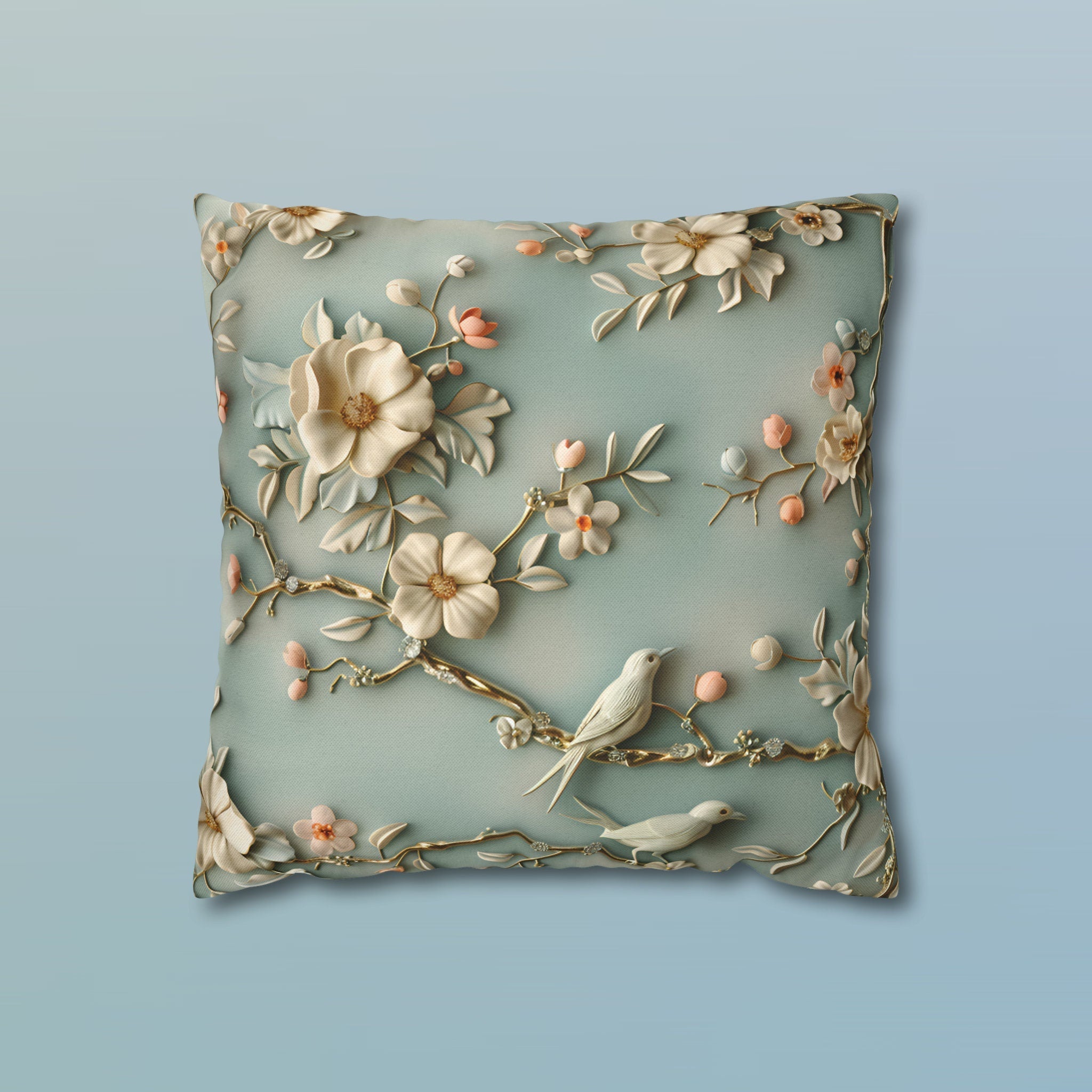 Chinoiserie Pillow Cover: 3D Birds & Blooms, Pastel Blue Accent