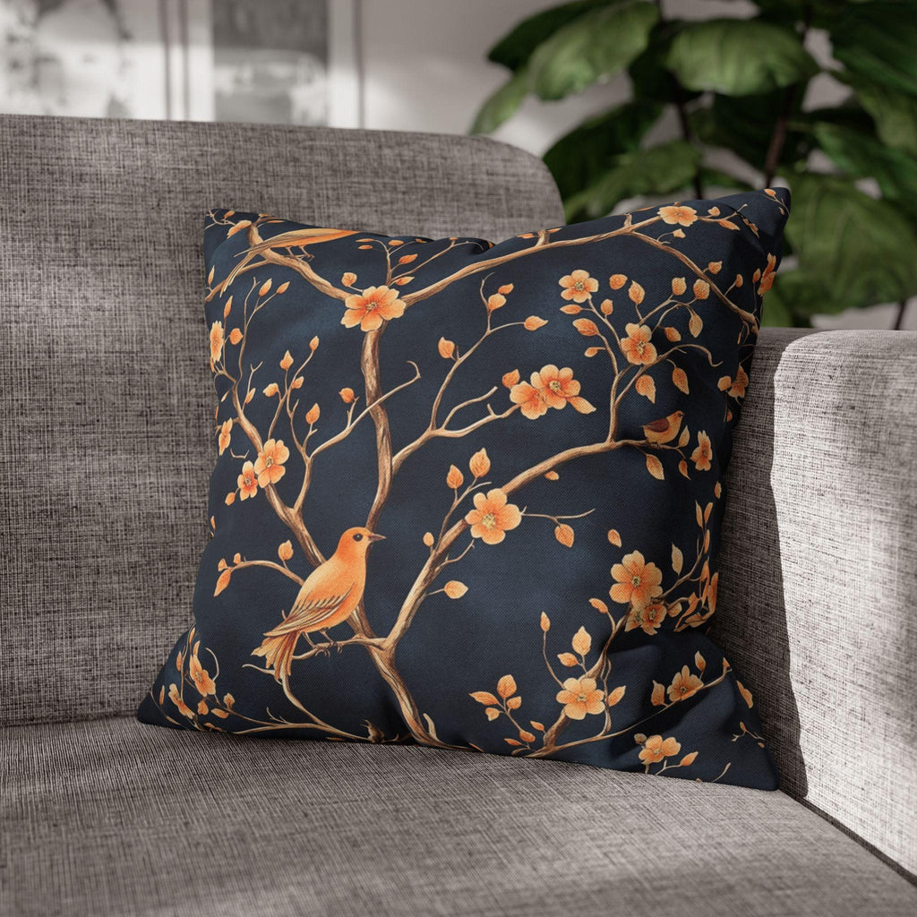 Chinoiserie Bird Throw Pillow Cover: Peach & Chestnut Floral, Navy Blue