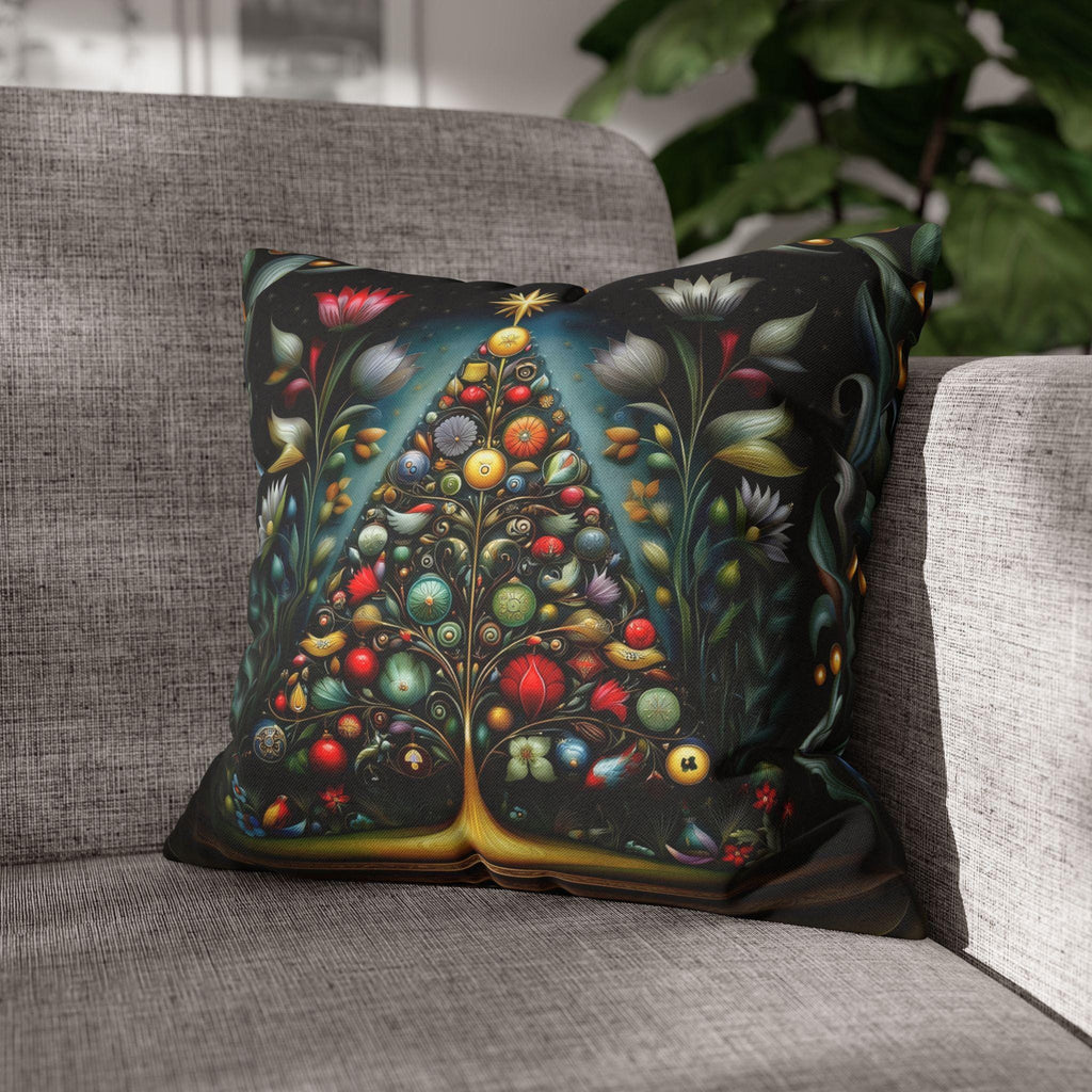 Jewel Tone Christmas Pillow Cover: Decorated Botanical Tree with Bright Ornaments and Florals