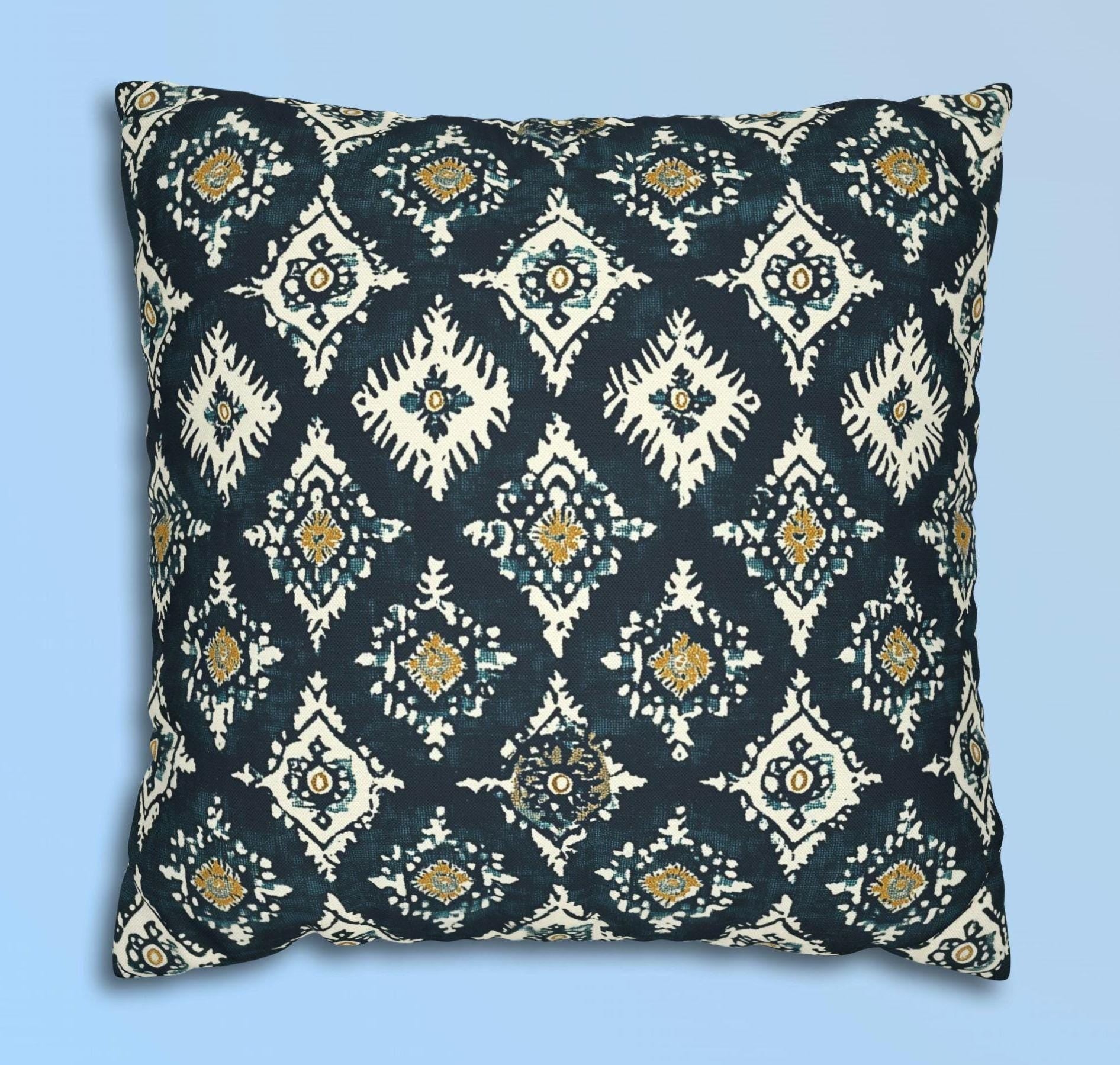 Traditional Ikat Style Pillow Cover | Dark Blue, White, Mustard Yellow | Geometric Design
