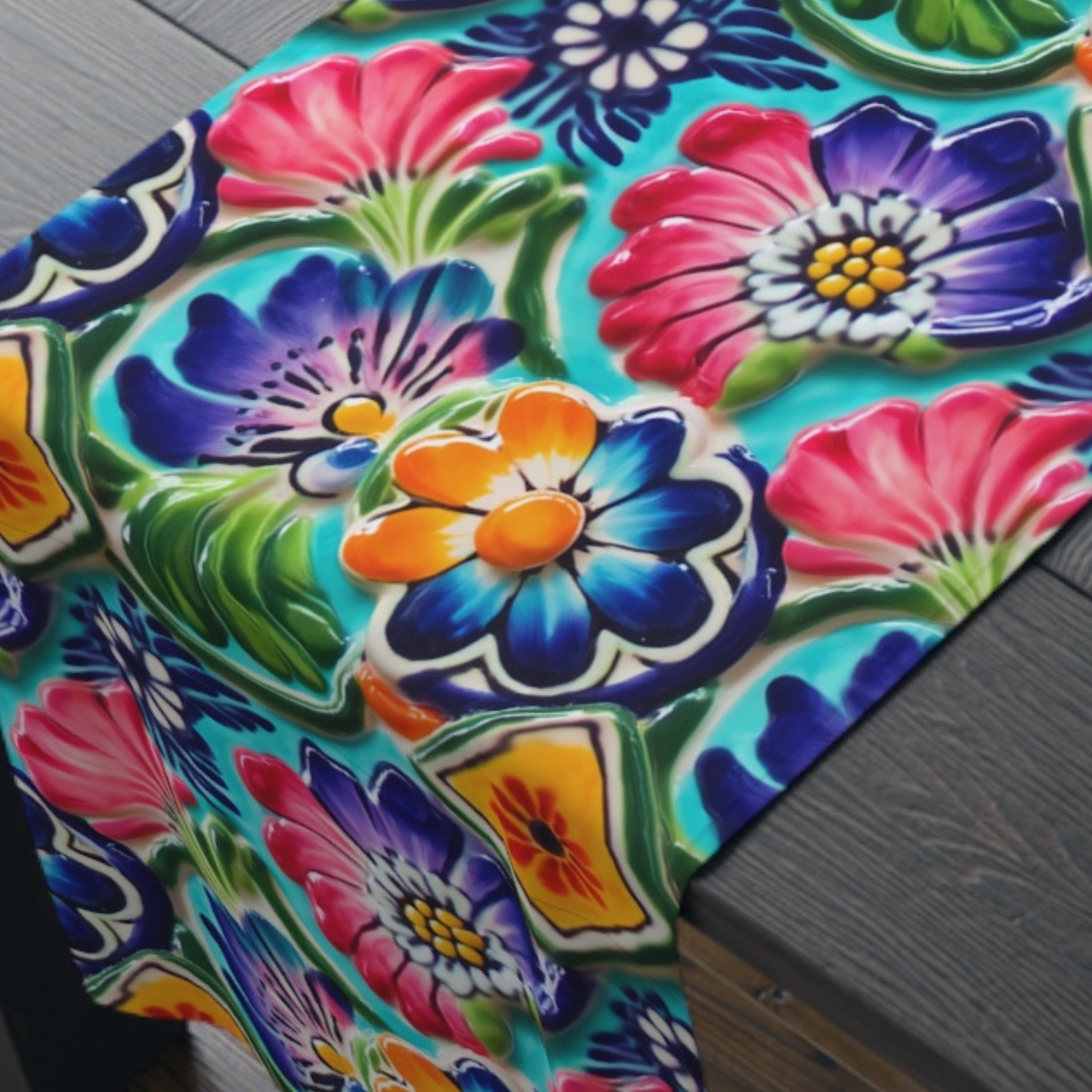 Mexican Table Runner: Botanical Folk Art on Aqua Background