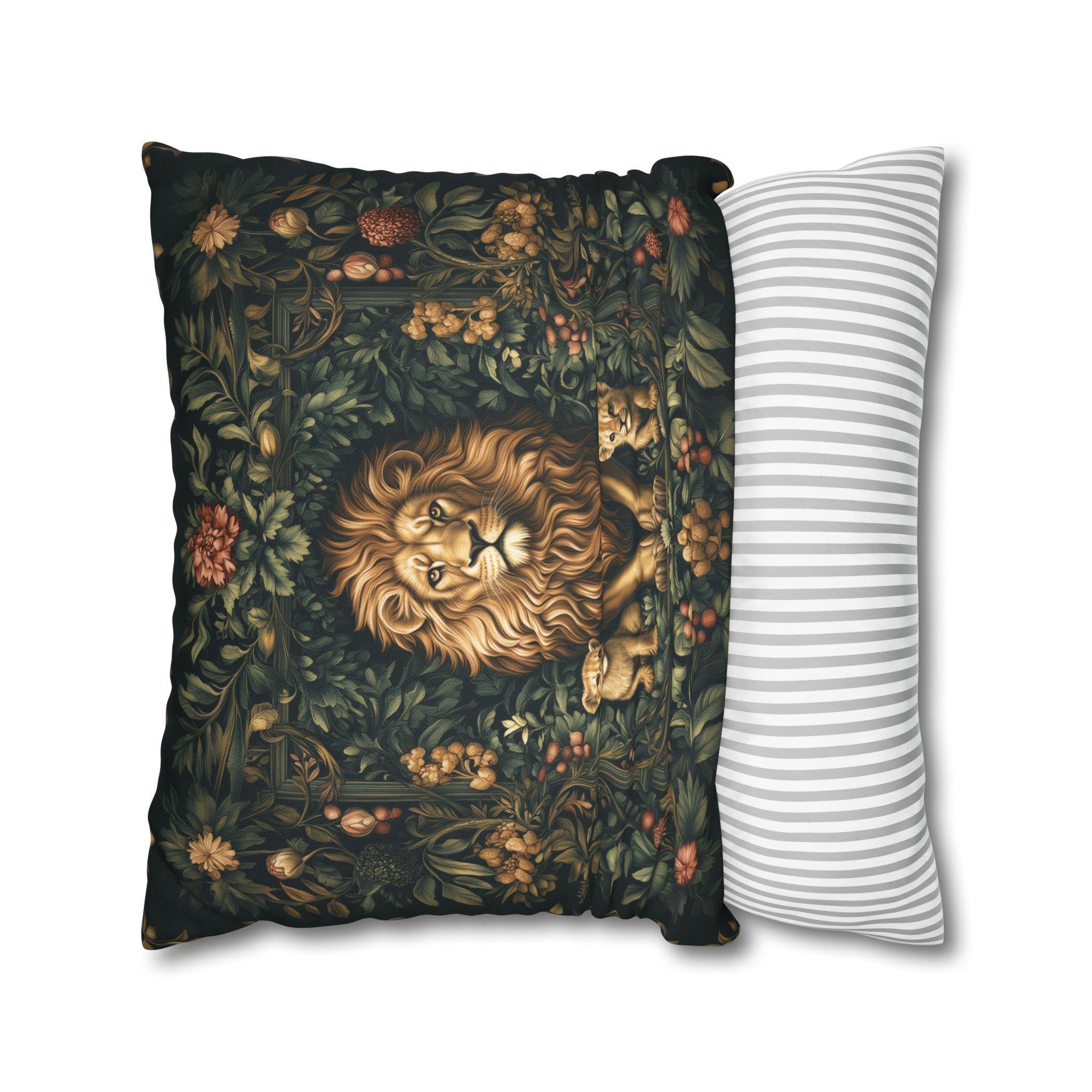 Regal Lion Pillow Cover: William Morris Inspired Botanical Cushion with Jungle Motif