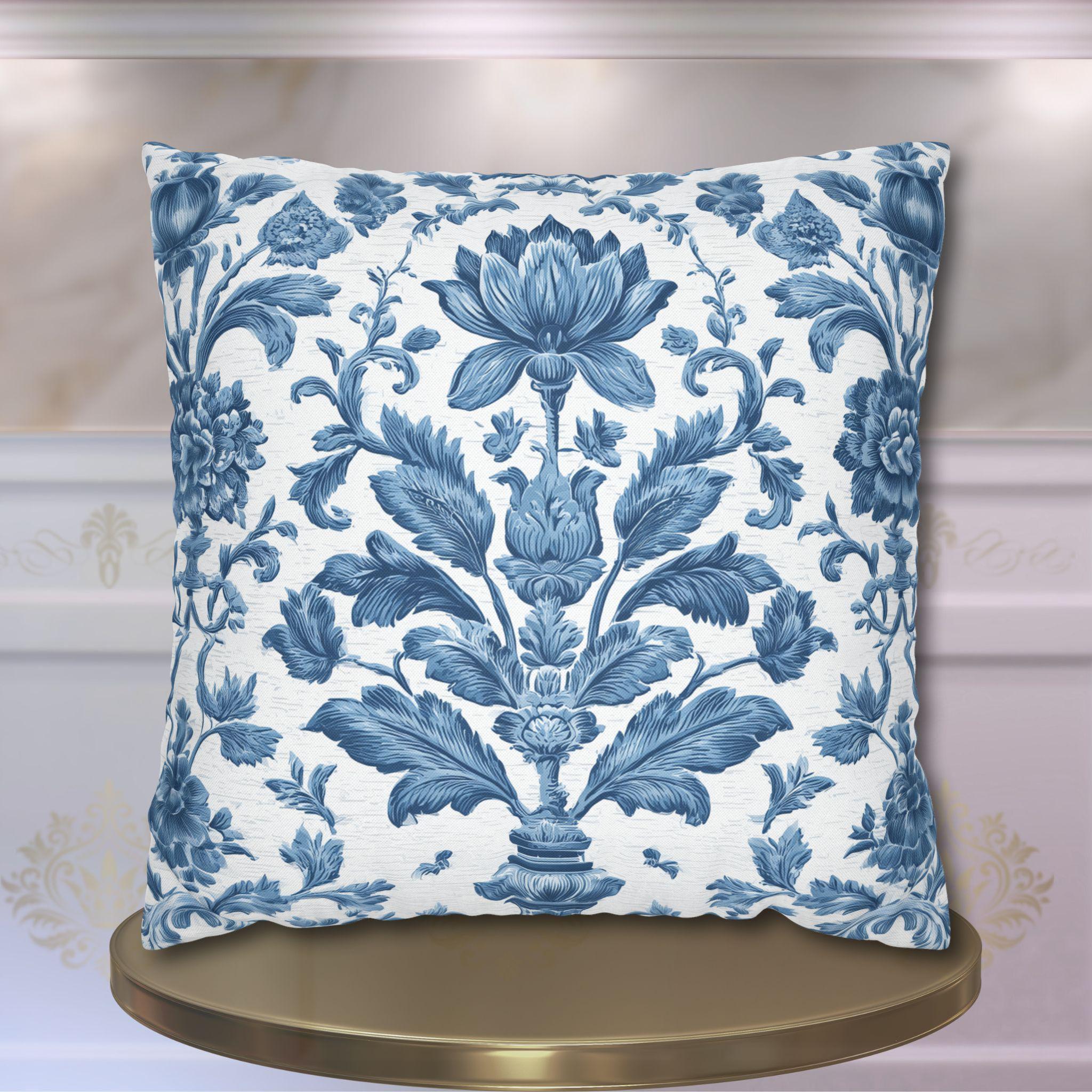 Jacobean Floral Pillow Cover: Vintage Style Blue & White Traditional Botanical Cushion for Classic Decor