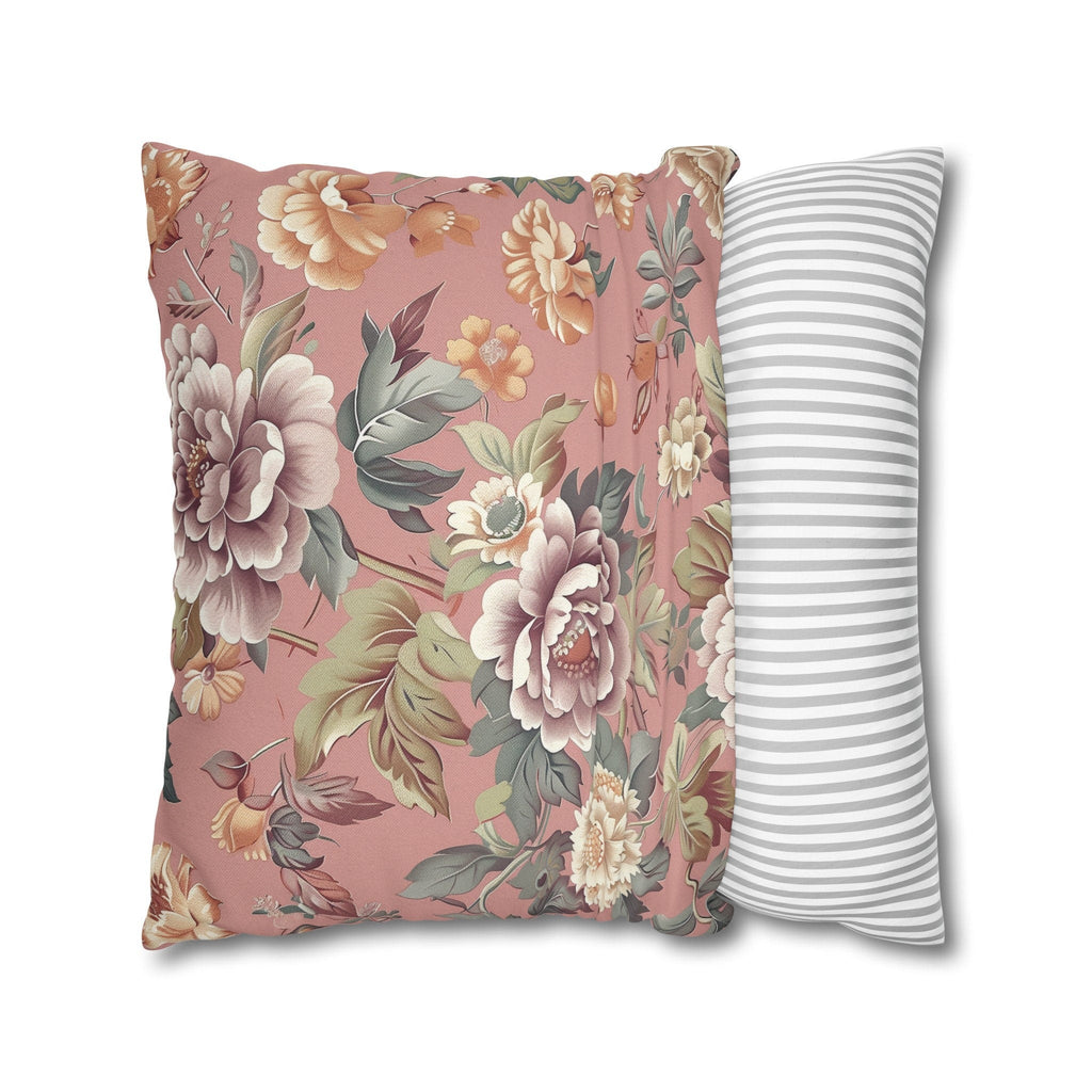 Rococo-Inspired Floral Pillow Cover: Dusty Pink Elegance with Mauve, Cream, Peach & Green Blooms