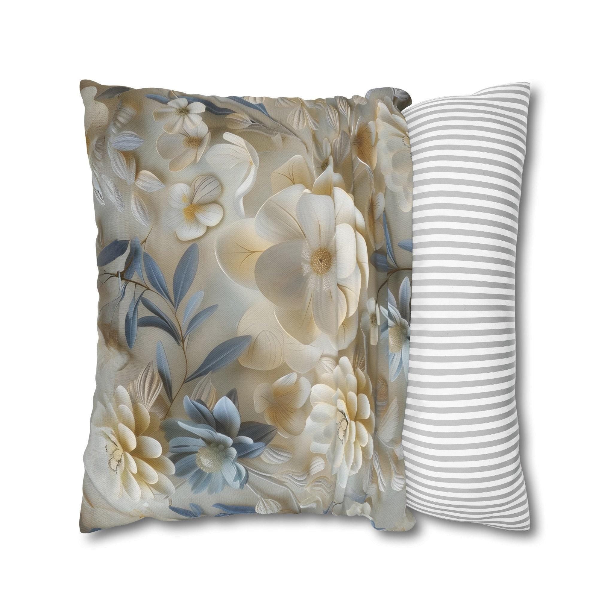 Floral Pillow Cover: Cream, Ivory & Blue Blossoms, Elegant Home Decor