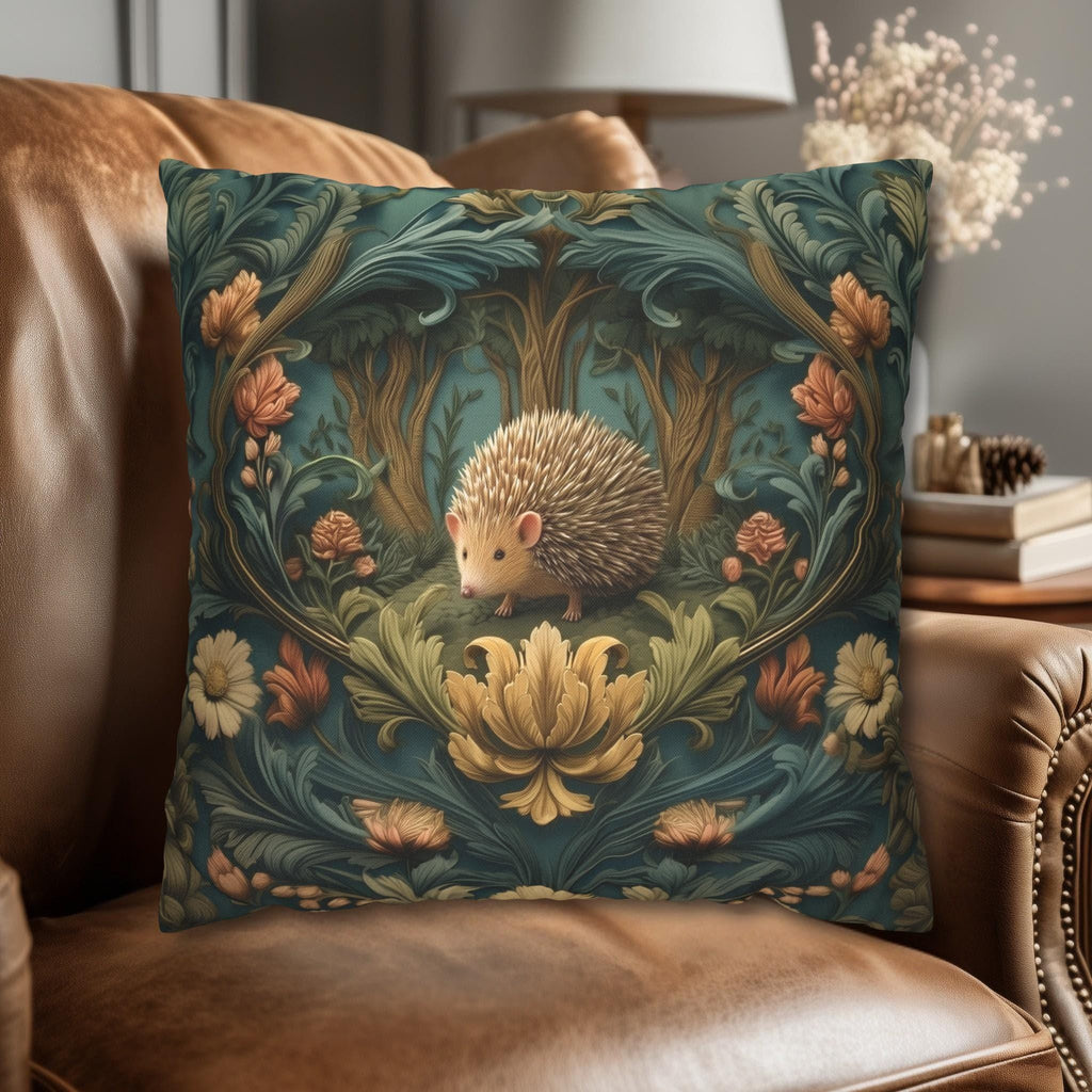 William Morris Inspired Pillow Cover: Woodland Hedgehog Storybook Forest Botanical