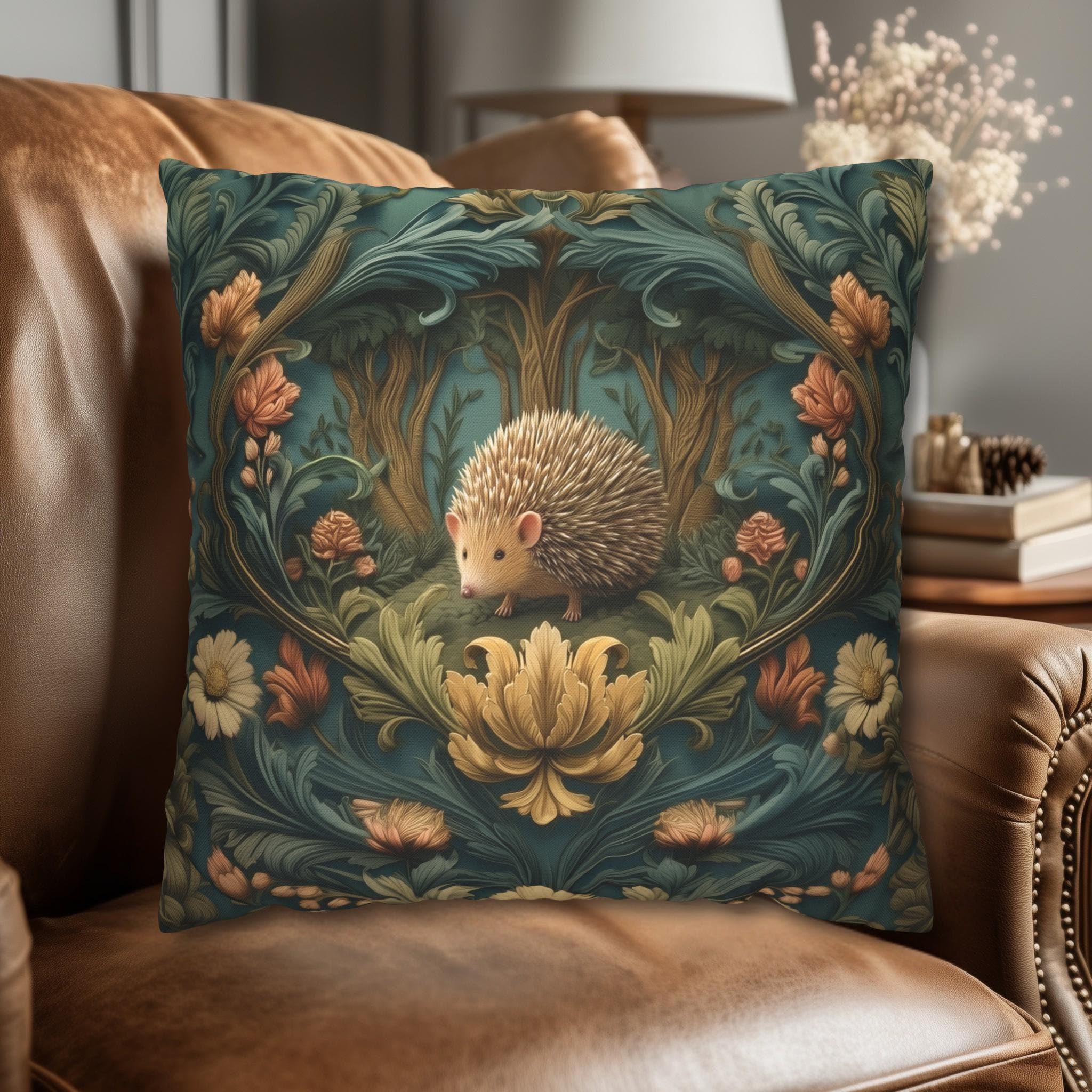 William Morris Inspired Pillow Cover: Woodland Hedgehog Storybook Forest Botanical