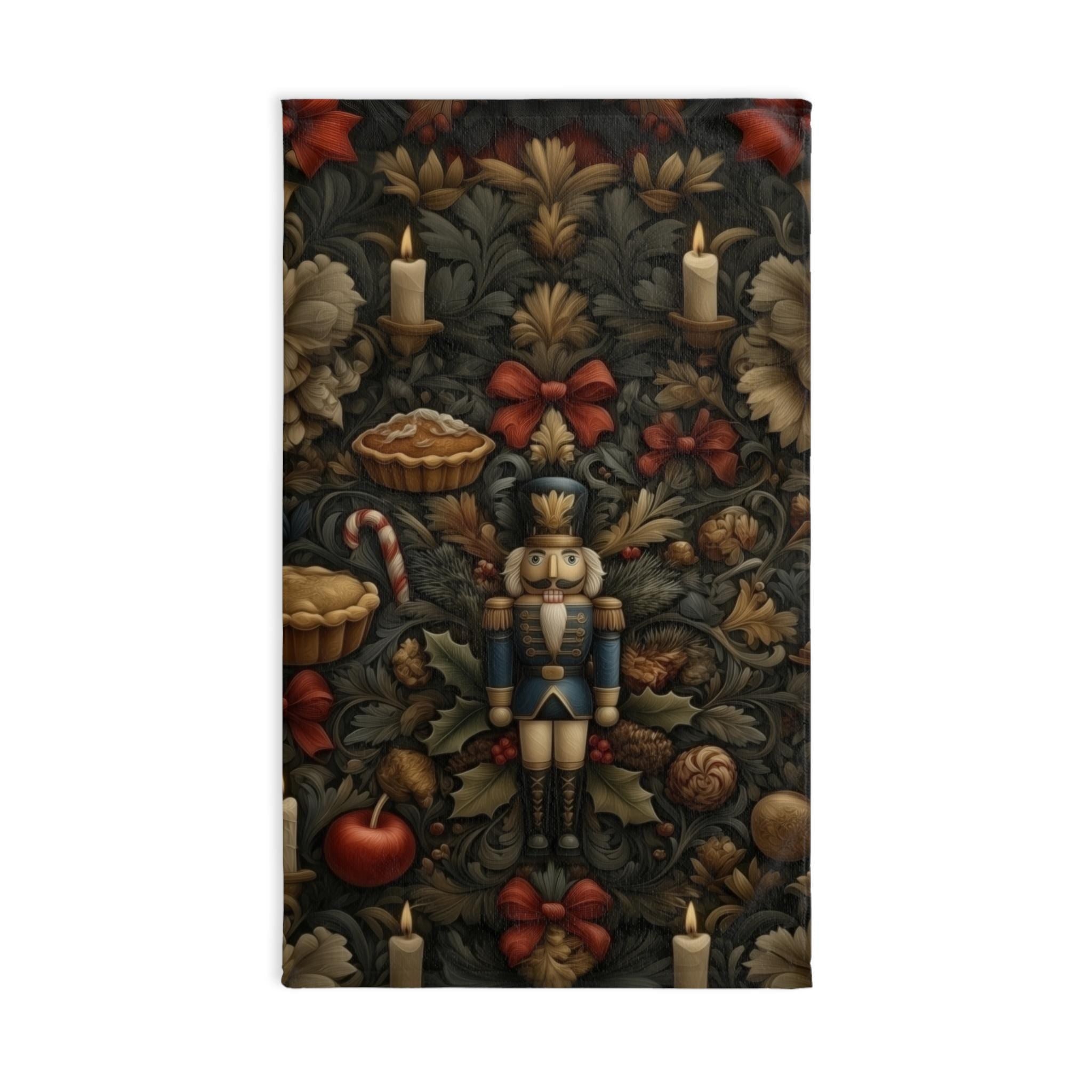 William Morris Christmas Nutcracker Tea Towel: Charcoal Red & Gold Holiday Botanical Kitchen Decor