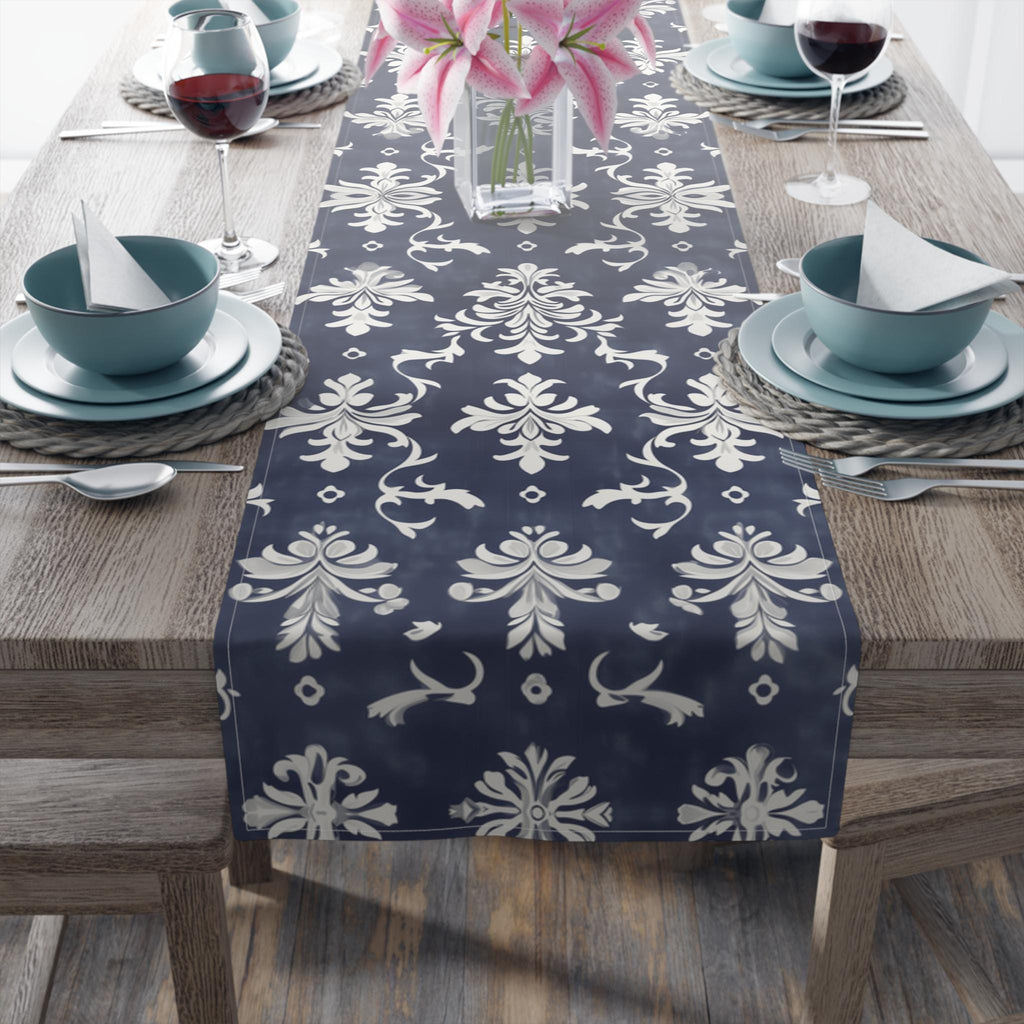 Elegant Navy Blue & White Damask Table Runner for Wedding, Dining Room, and Home Decor