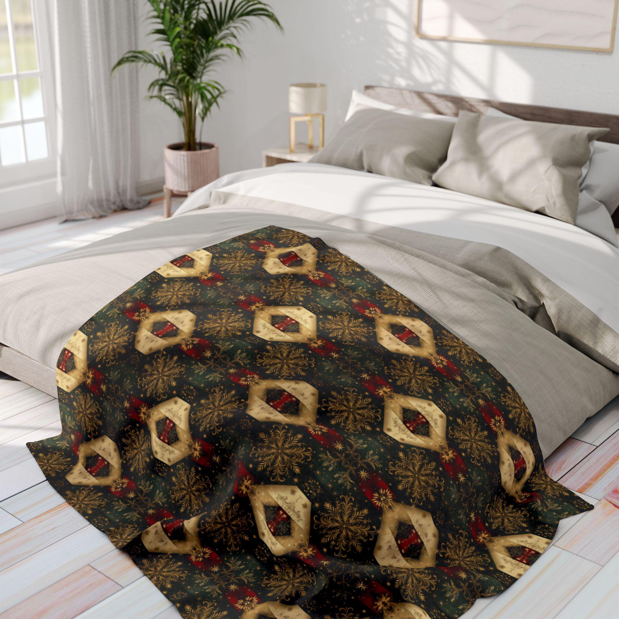 Elegant Christmas Arctic Fleece Throw Blanket - Gold Snowflakes on Green, Charcoal & Red