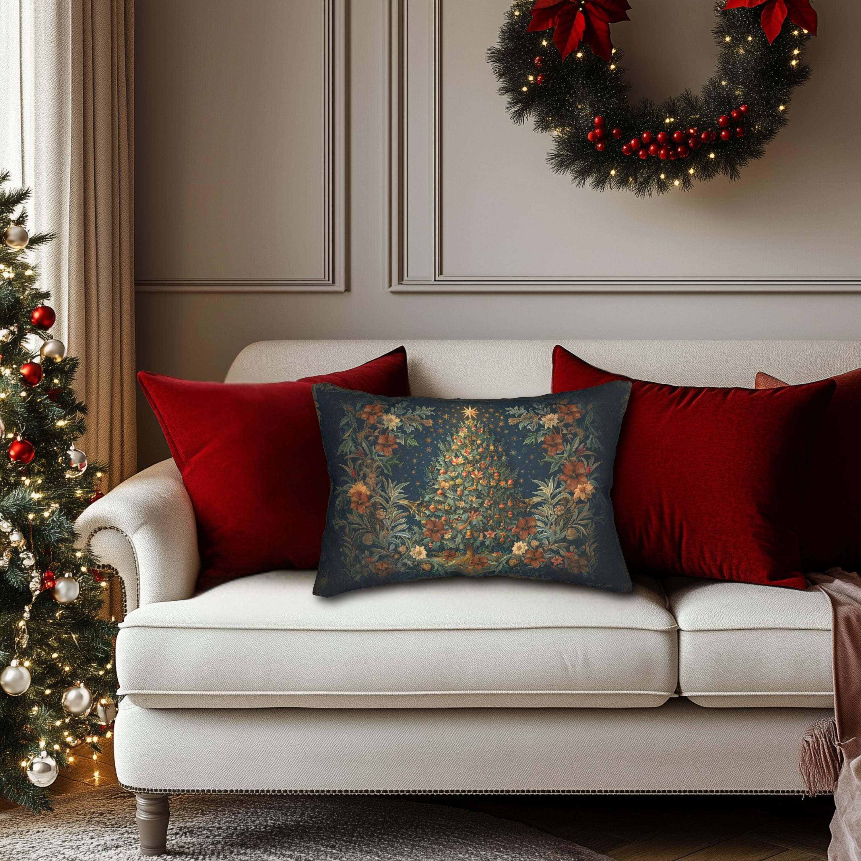William Morris Inspired Elegant Christmas Tree Lumbar Pillow - Festive Holiday Decor Gift for Enthusiasts