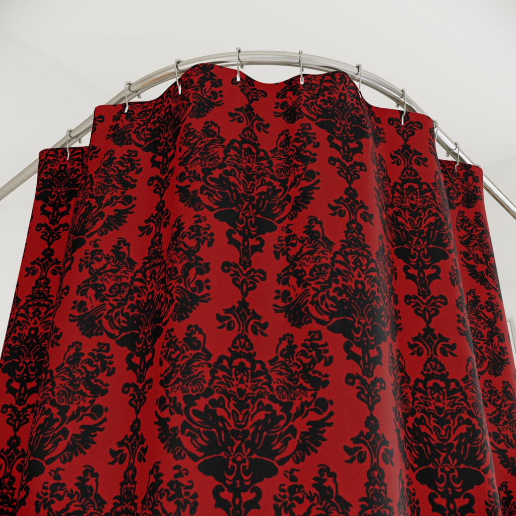 Elegant Gothic Damask Shower Curtain: Black & Crimson Vampire-Inspired Bath Decor for Romantic Ambiance