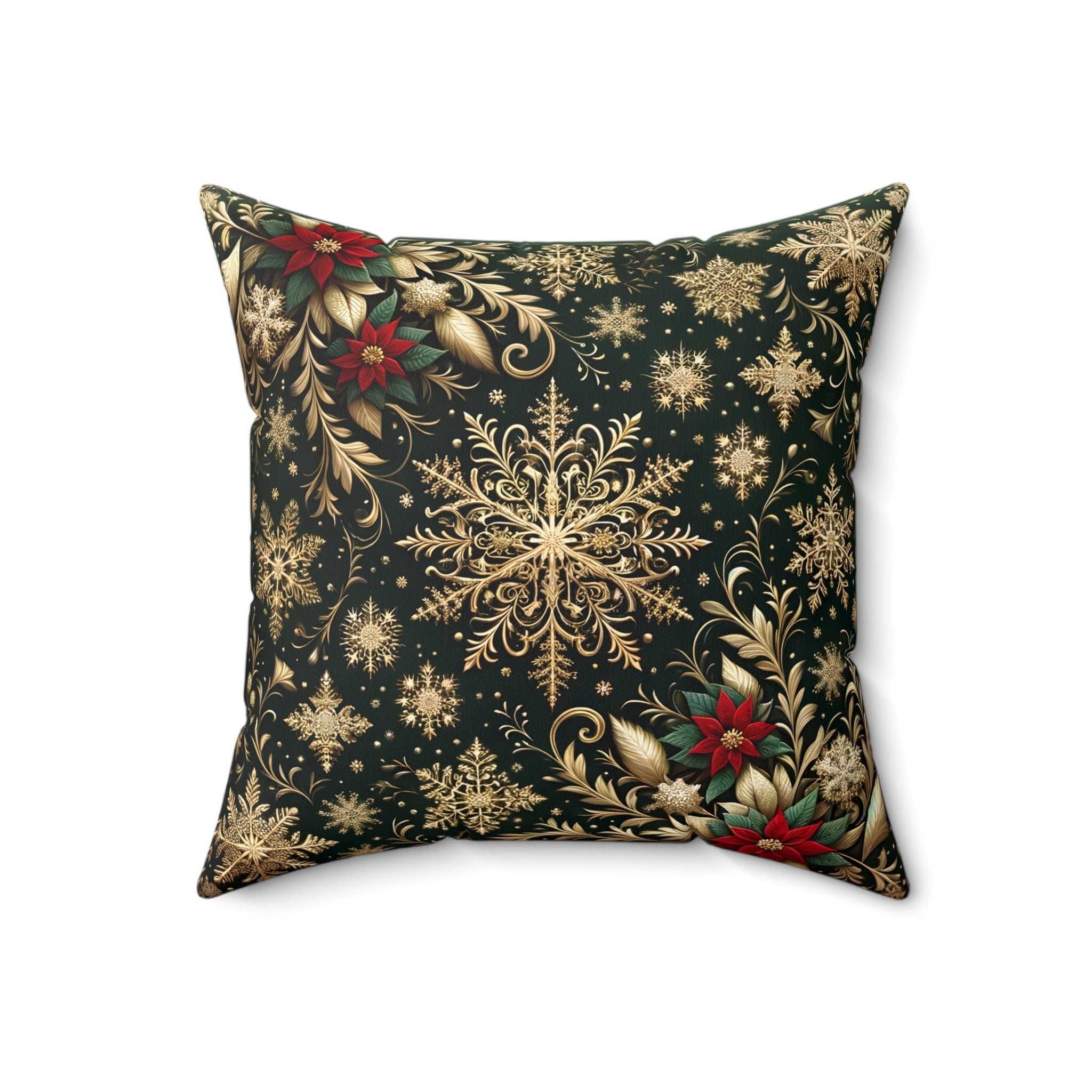 Elegant Poinsettia Christmas Throw Pillow: Golden Snowflakes & Emerald Festive Holiday Home Decor Accent