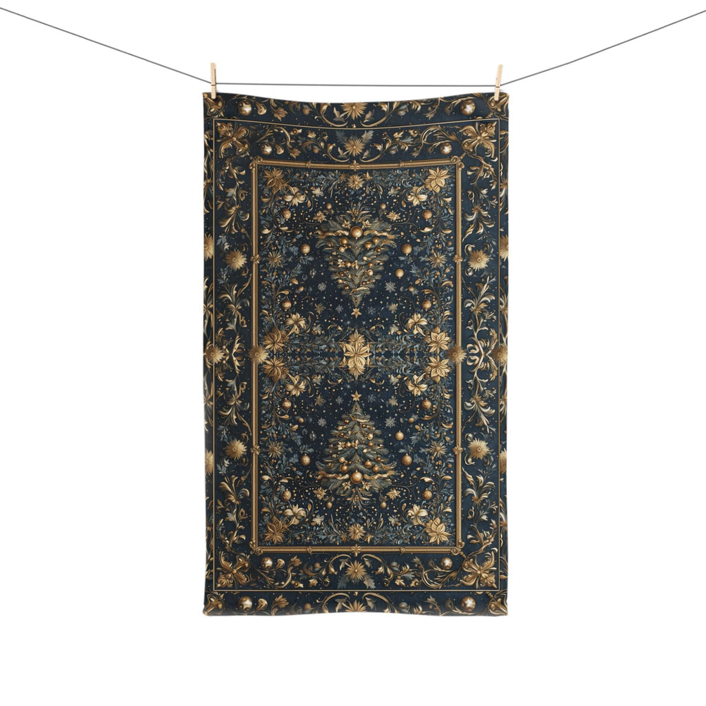 William Morris Inspired Christmas Tree Tea Towel: Gold & Navy Holiday Hand Towel