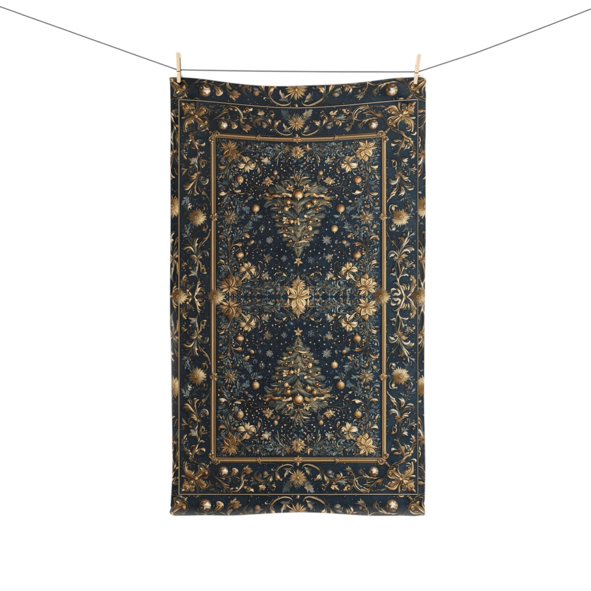 William Morris Inspired Christmas Tree Tea Towel: Gold & Navy Holiday Hand Towel