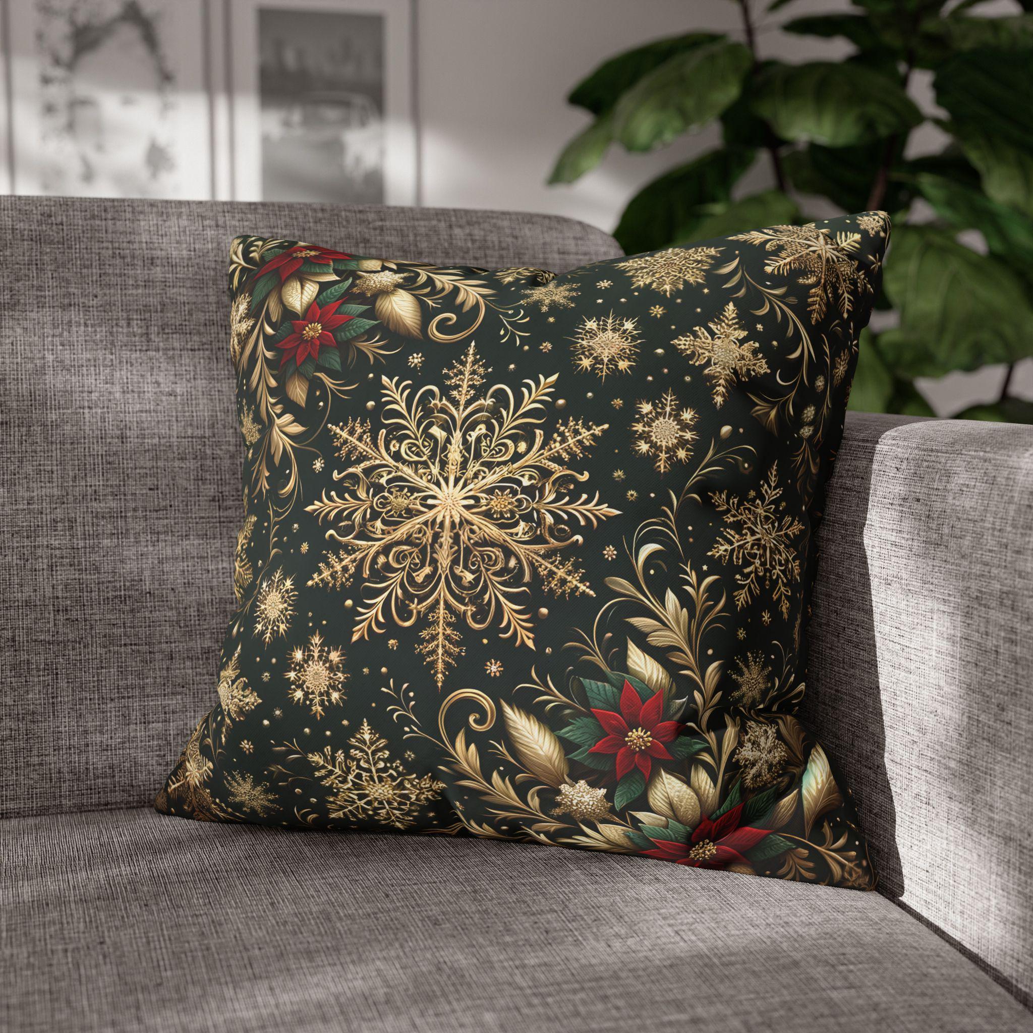 Elegant Emerald Poinsettia & Snowflake Euro Sham: Festive Holiday Pillow Cover (24x24, 26x26)