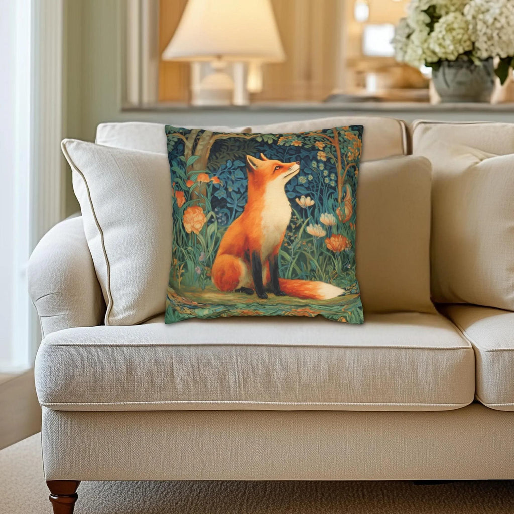 Morris-Inspired Red Fox Botanical Pillow Cover: Vintage Style Moody Woodland Blooms