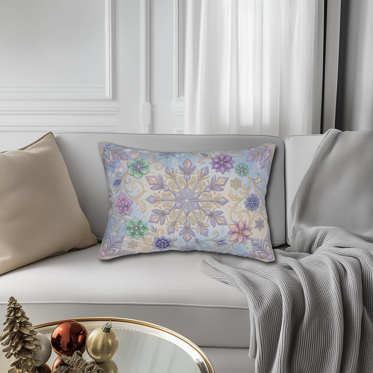 Pastel Snowflake Lumbar Pillow: Coquette Christmas Decor, Dreamy Lilac Mint Winter
