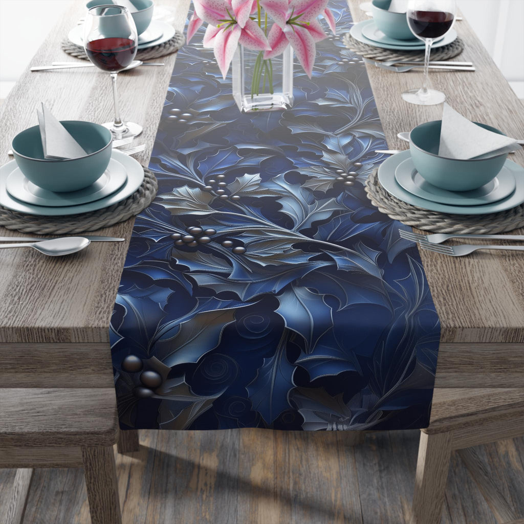 Elegant Silver & Blue Holly Leaf Christmas Table Runner - Moody Contemporary Holiday Decor