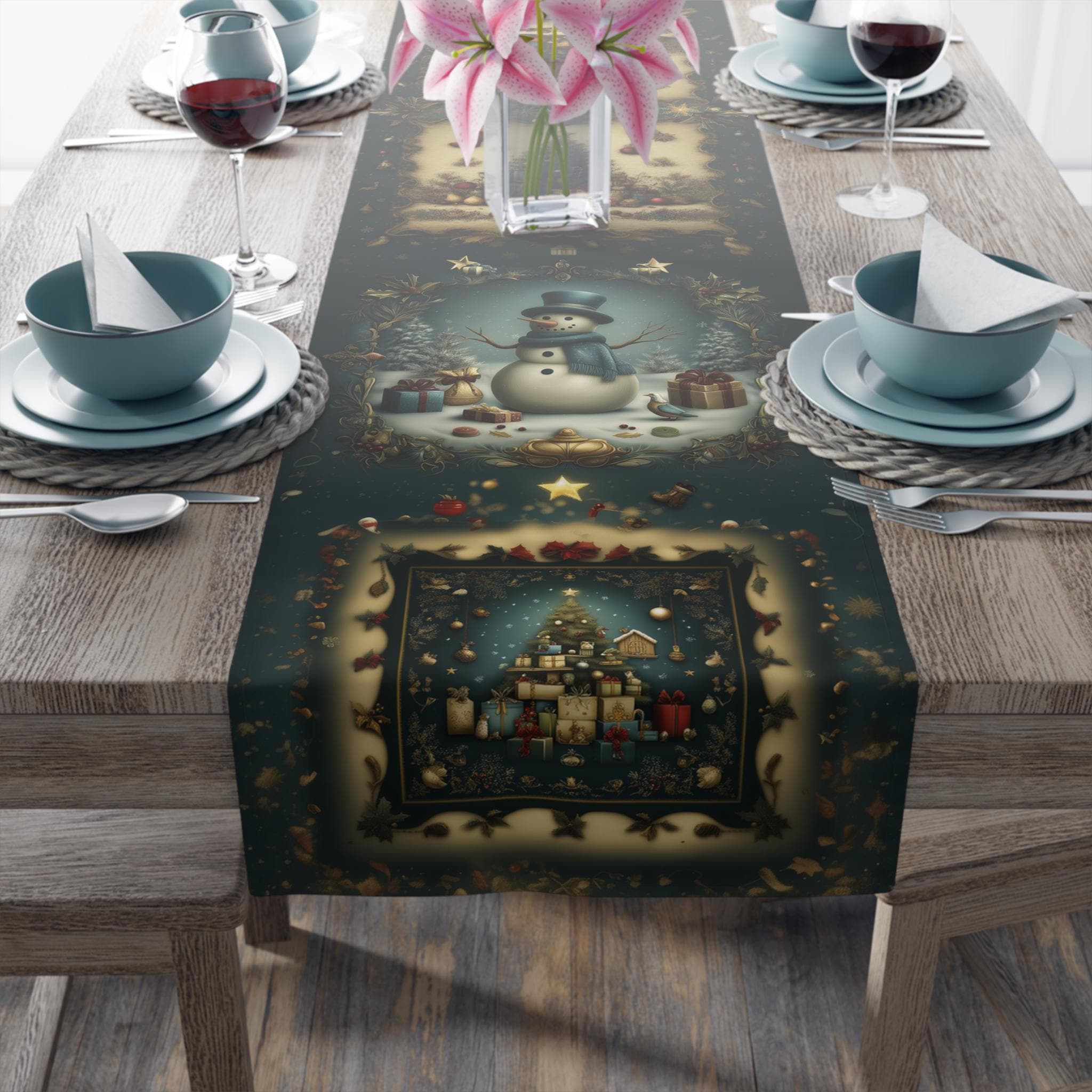 Christmas Vintage Style Table  Runner: Nostalgia Storybook Holiday Scene Collage