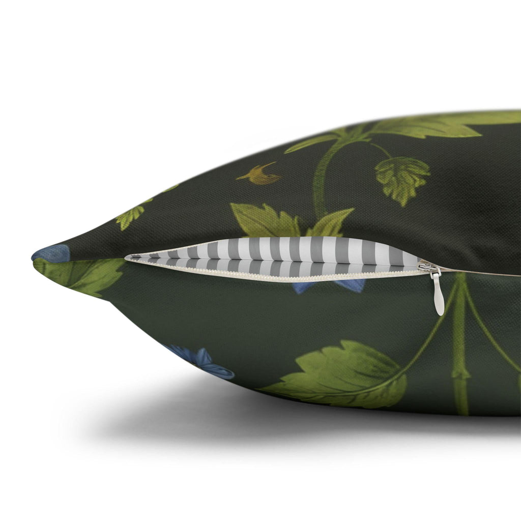 Botanical Pillow Cover: William Morris Inspired Green Cushion with Double-Sided Blue Floral Pattern