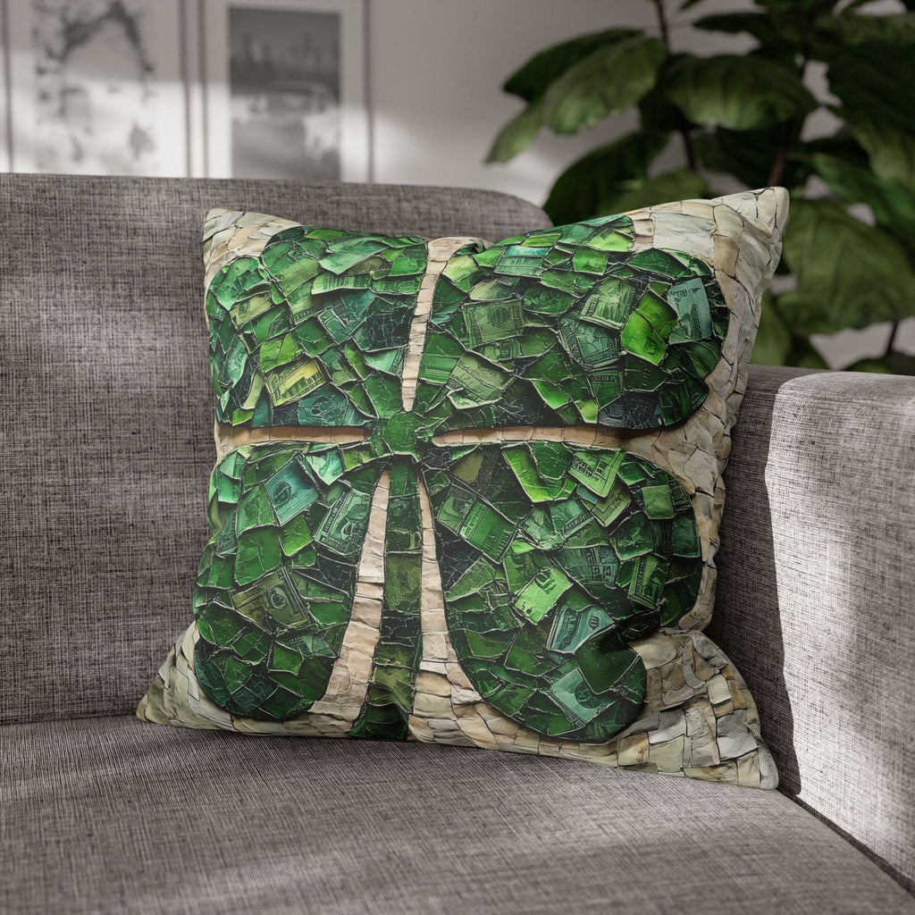 St. Patrick's Day Lucky Clover Pillowcase: Green Money Mosaic Design, Handcrafted Square Decor