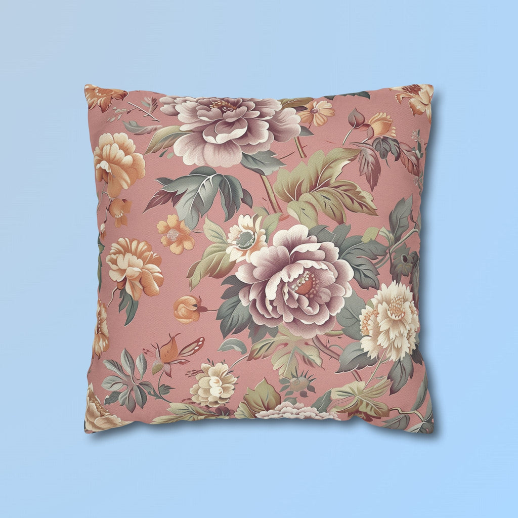 Rococo-Inspired Floral Pillow Cover: Dusty Pink Elegance with Mauve, Cream, Peach & Green Blooms