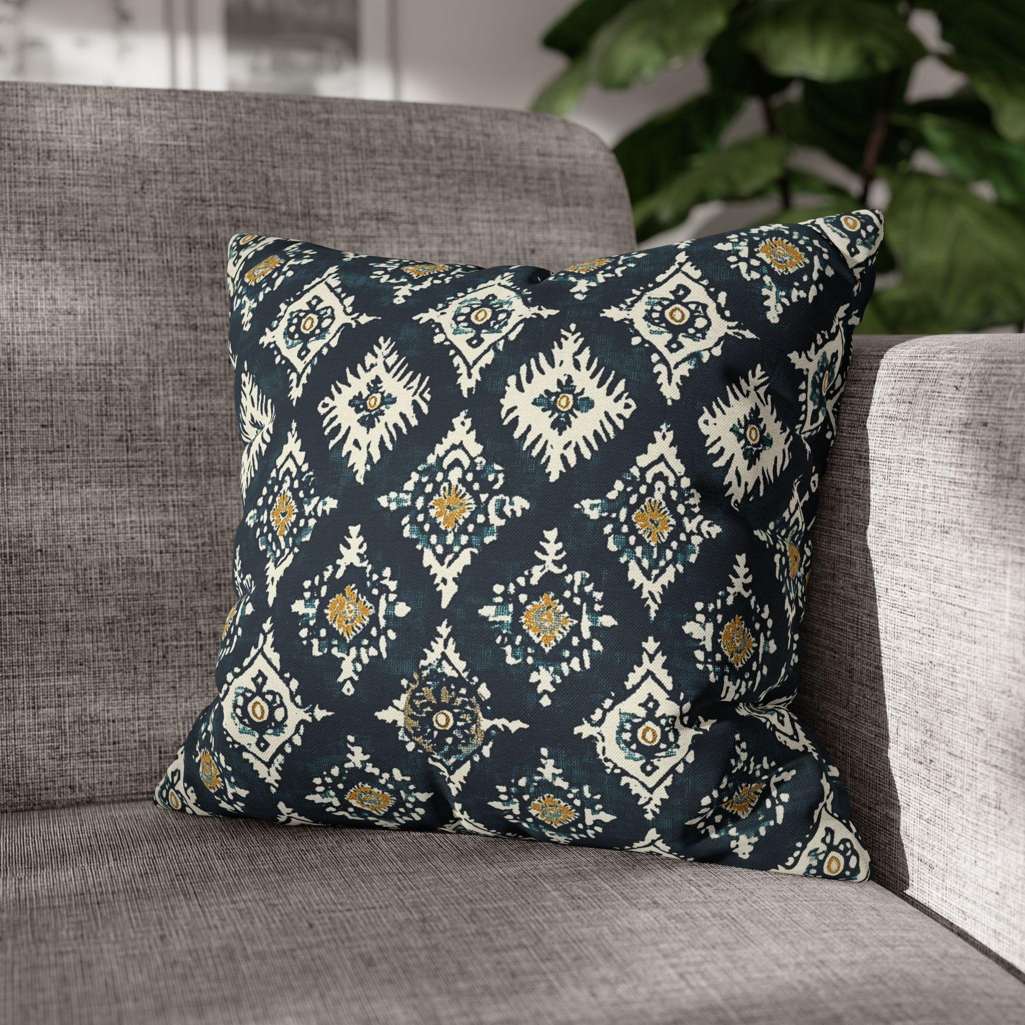 Traditional Ikat Style Pillow Cover | Dark Blue, White, Mustard Yellow | Geometric Design