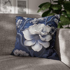Porcelain-Style Blue Pillow Cover | Large White Blossoms Design | Chinoiserie Elegance for Home Decor