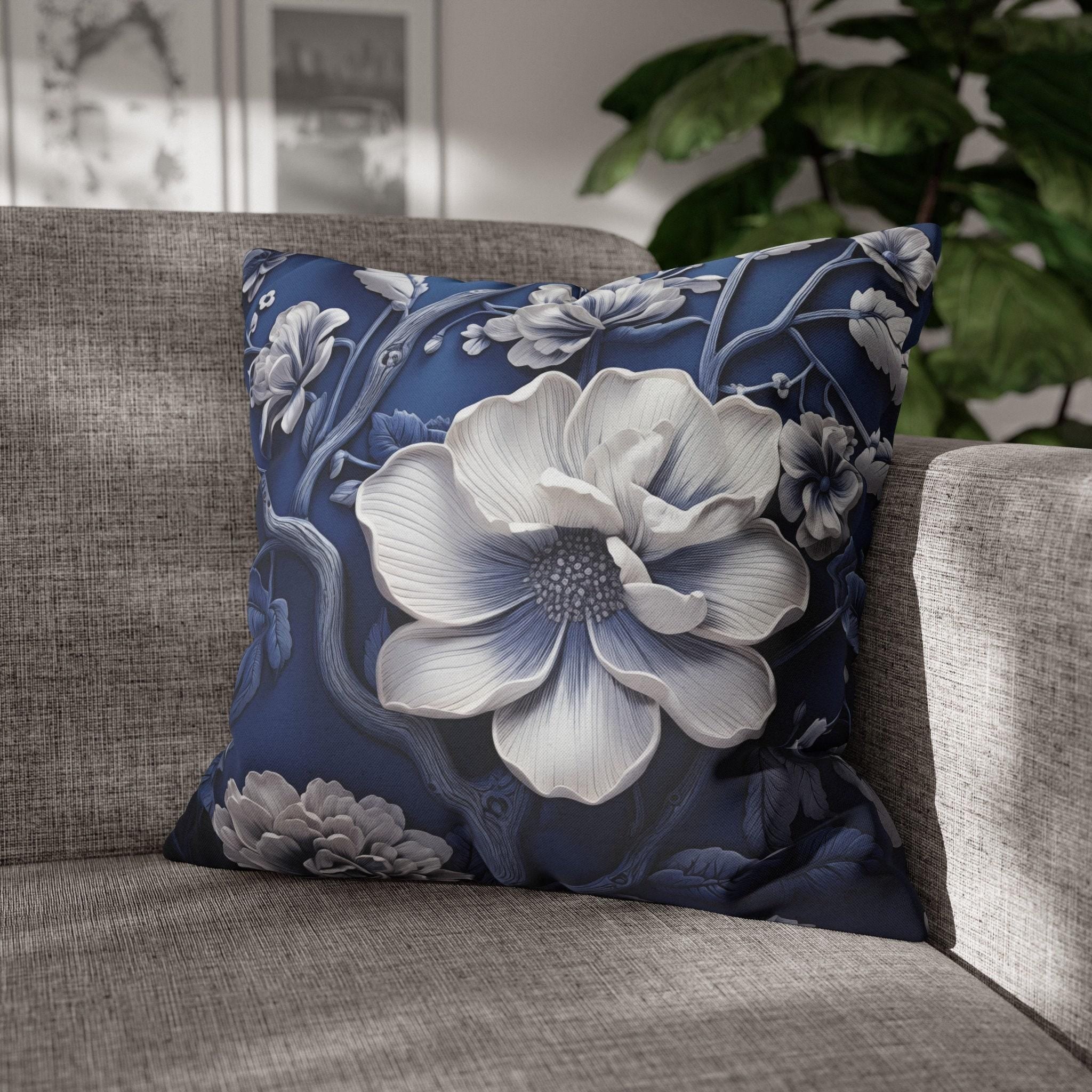 Porcelain-Style Blue Pillow Cover | Large White Blossoms Design | Chinoiserie Elegance for Home Decor