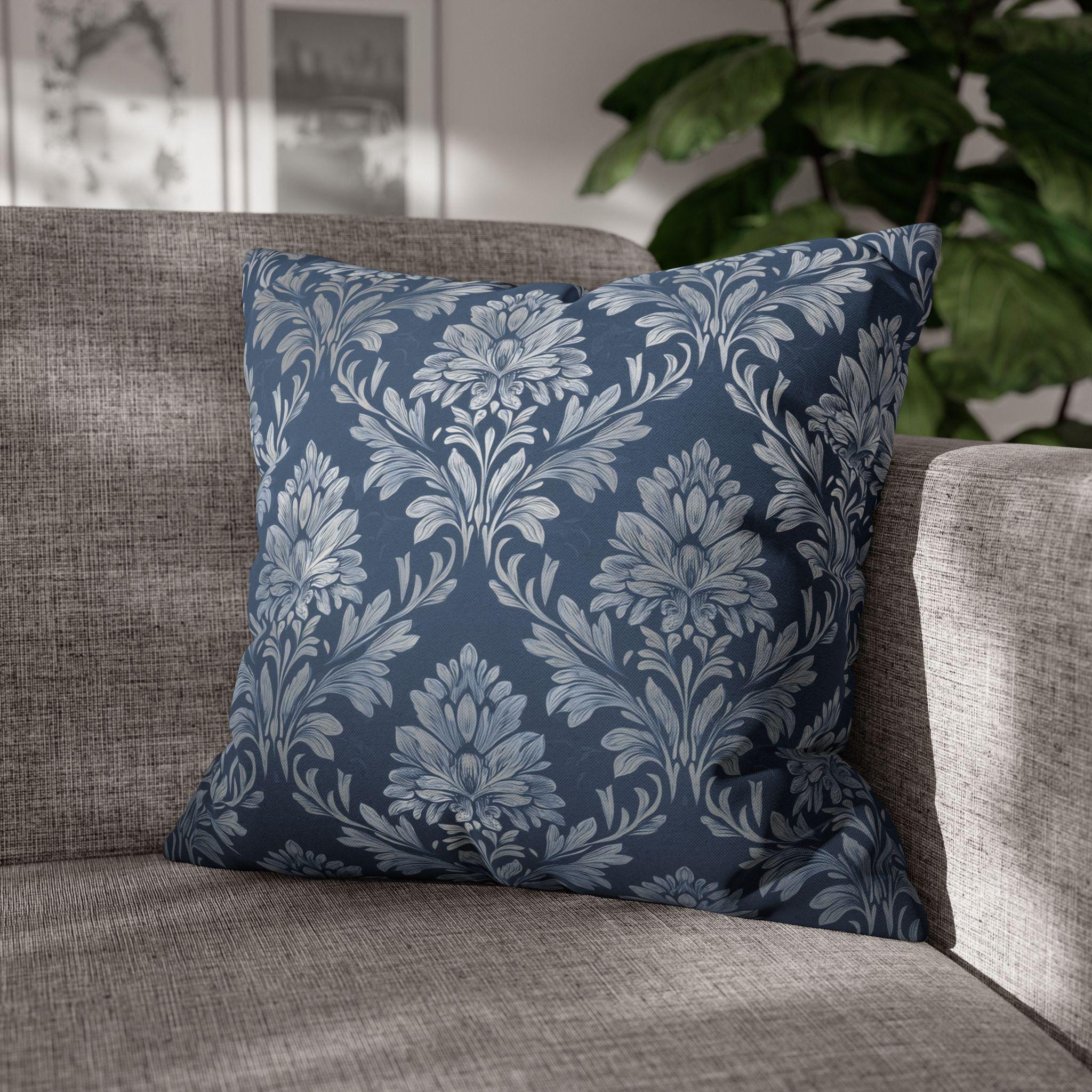 Slate Blue & Silver Damask Pillow Cover: Elegant Vintage Floral Cushion for Traditional Decor
