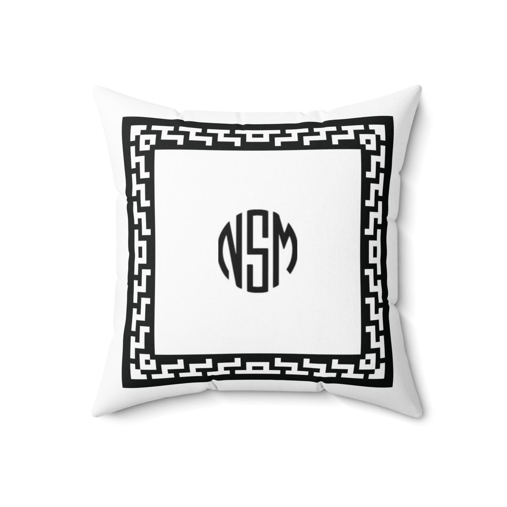 Personalized White Faux Suede Pillow with Greek Key Border and Custom Monogram Initials
