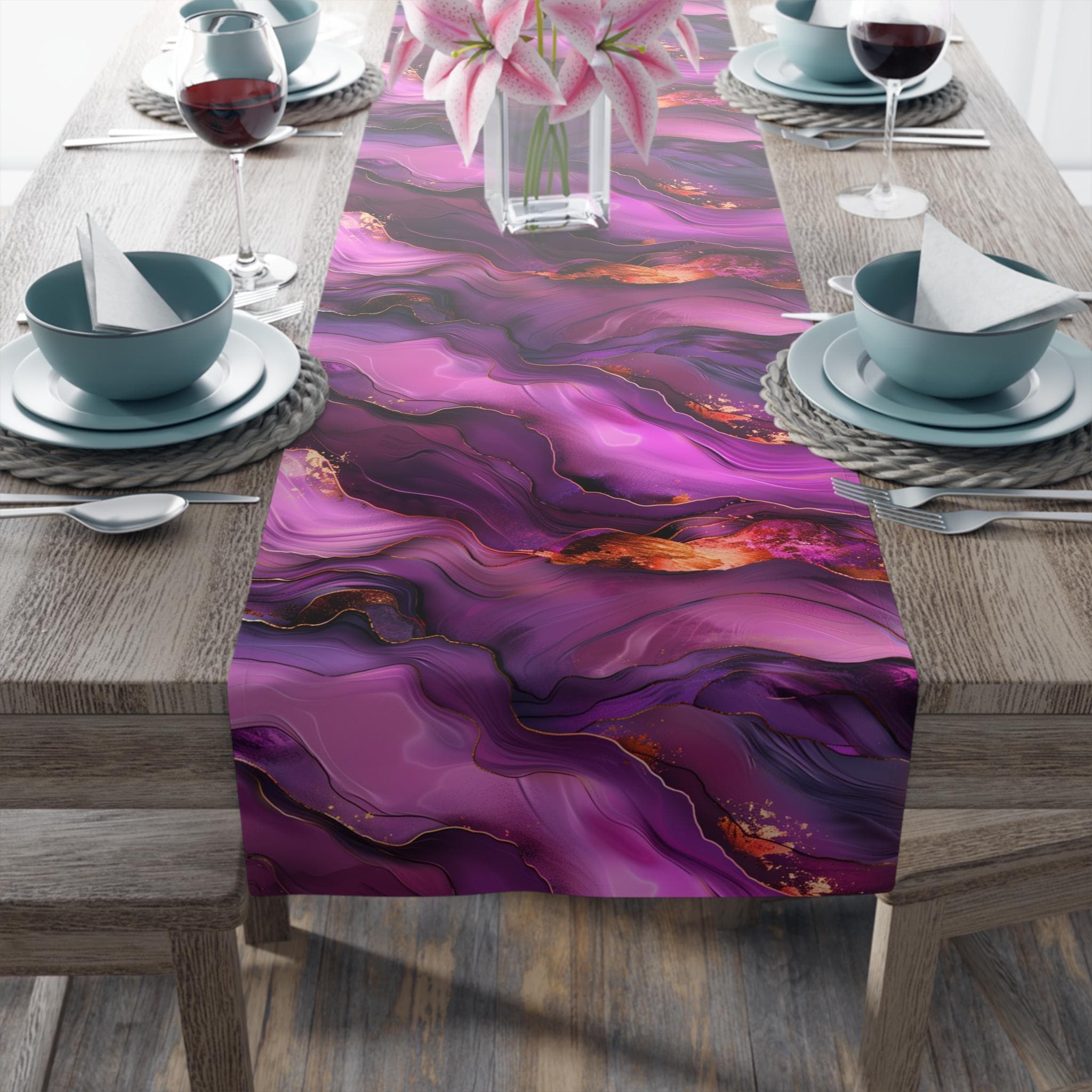 Abstract Plum Table Runner: Waves of Amethyst with Copper Fire Colored Accents